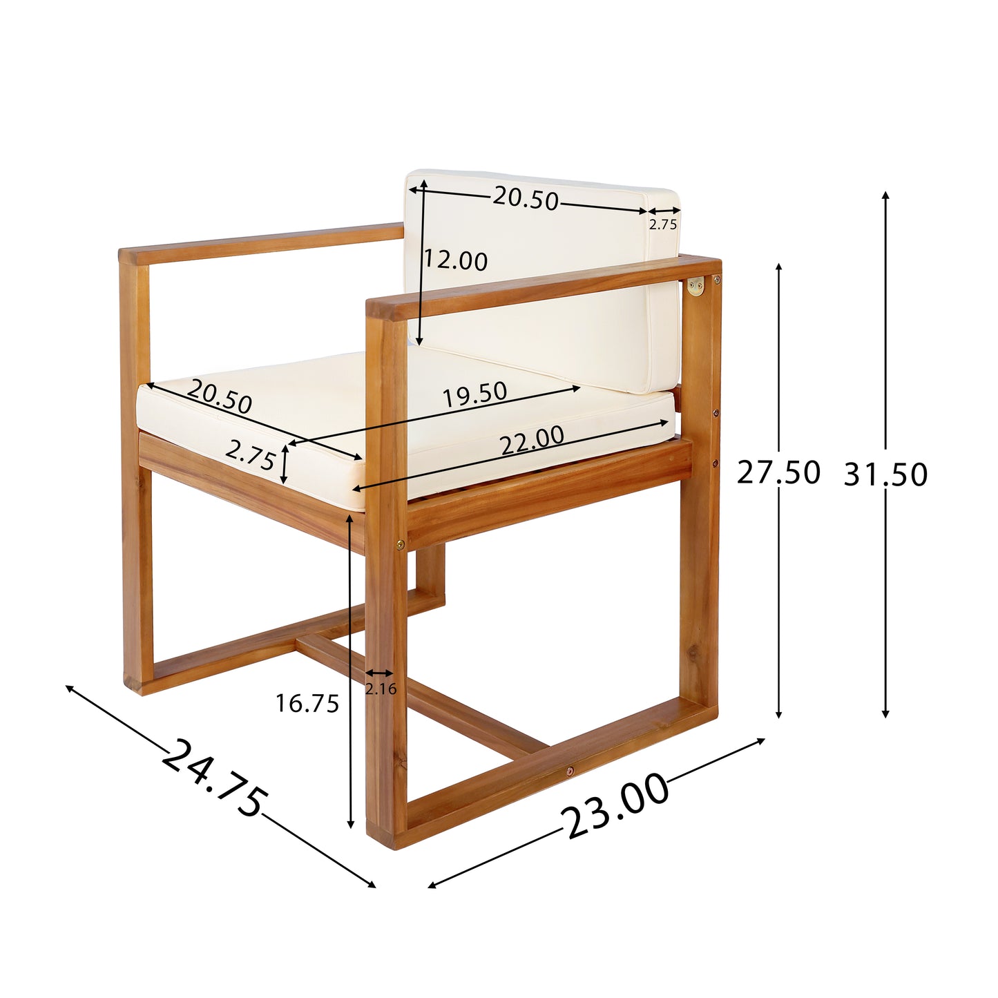 Modern wooden armchair with cream cushions and modern dimensions