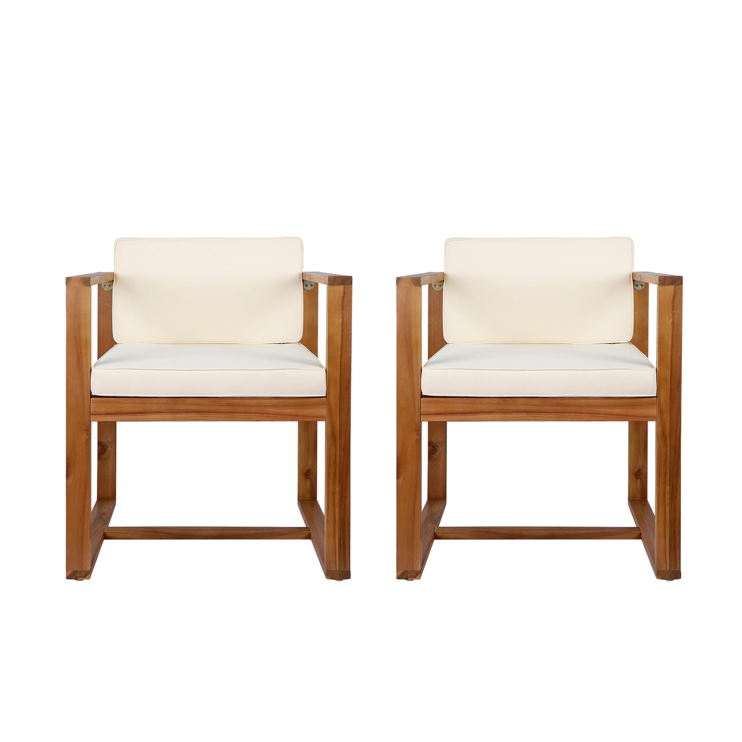 Pair of modern acacia wood armchairs with cream cushions perfect for outdoor patios