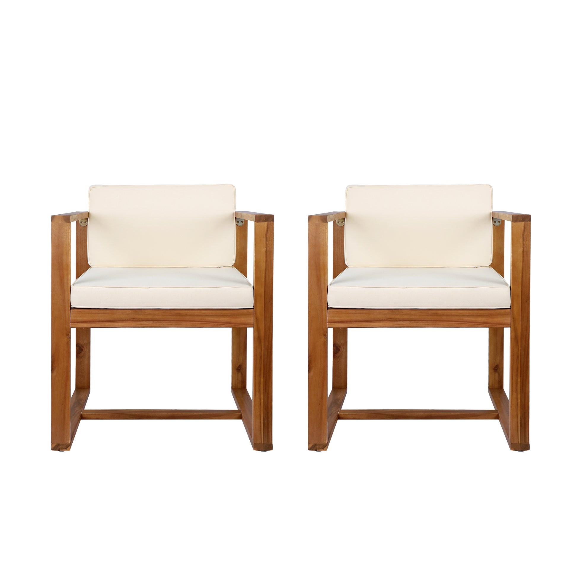 Pair of modern acacia wood armchairs with cream cushions perfect for outdoor patios