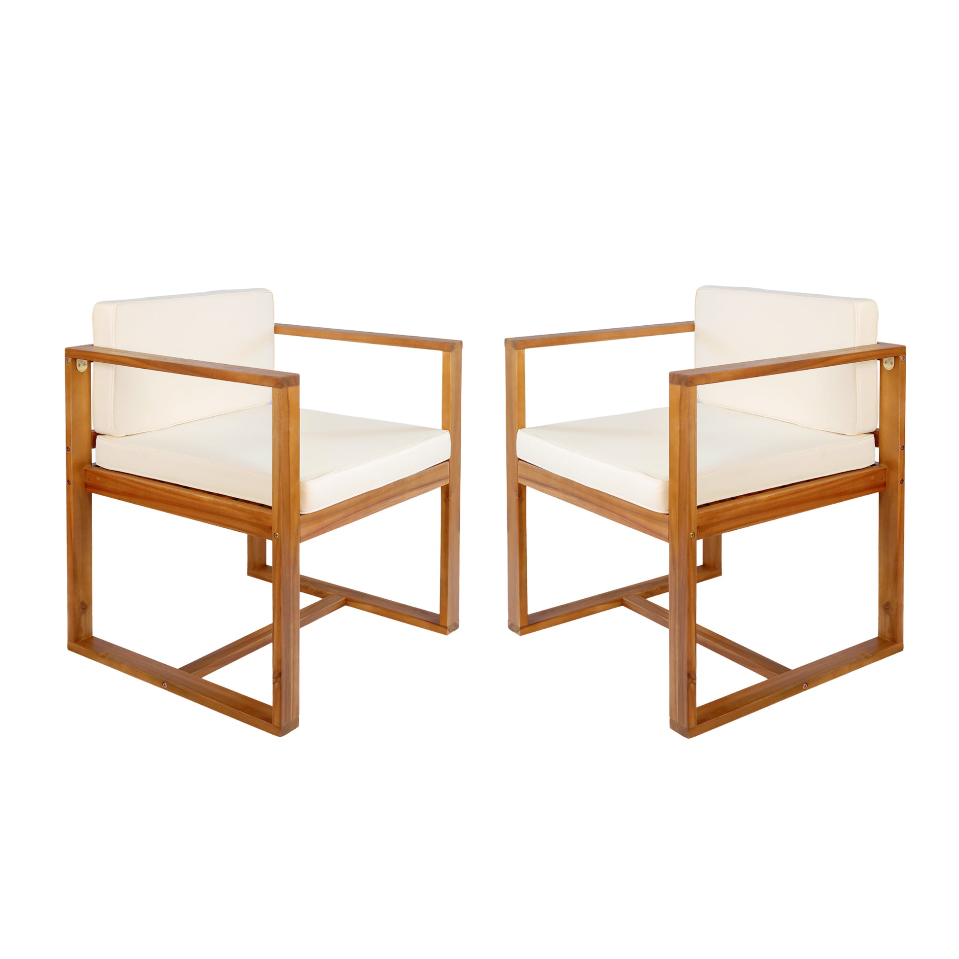 Two modern wooden armchairs with cream cushions perfect for outdoor patio seating