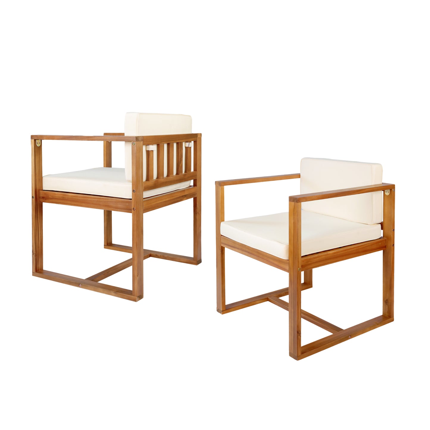 Two modern wooden patio chairs with cream cushions for outdoor seating