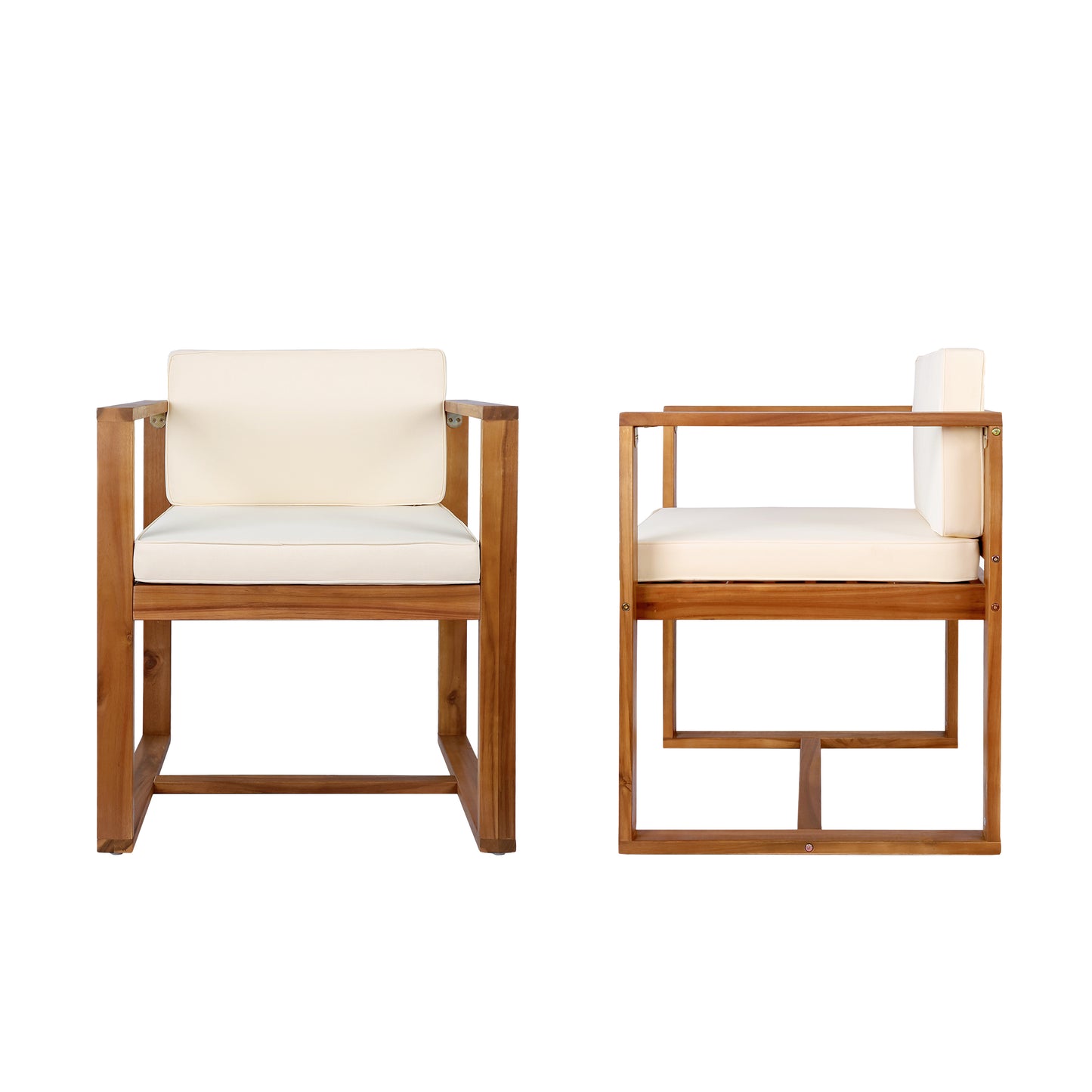 Modern wooden armchair with cream cushions outdoor seating