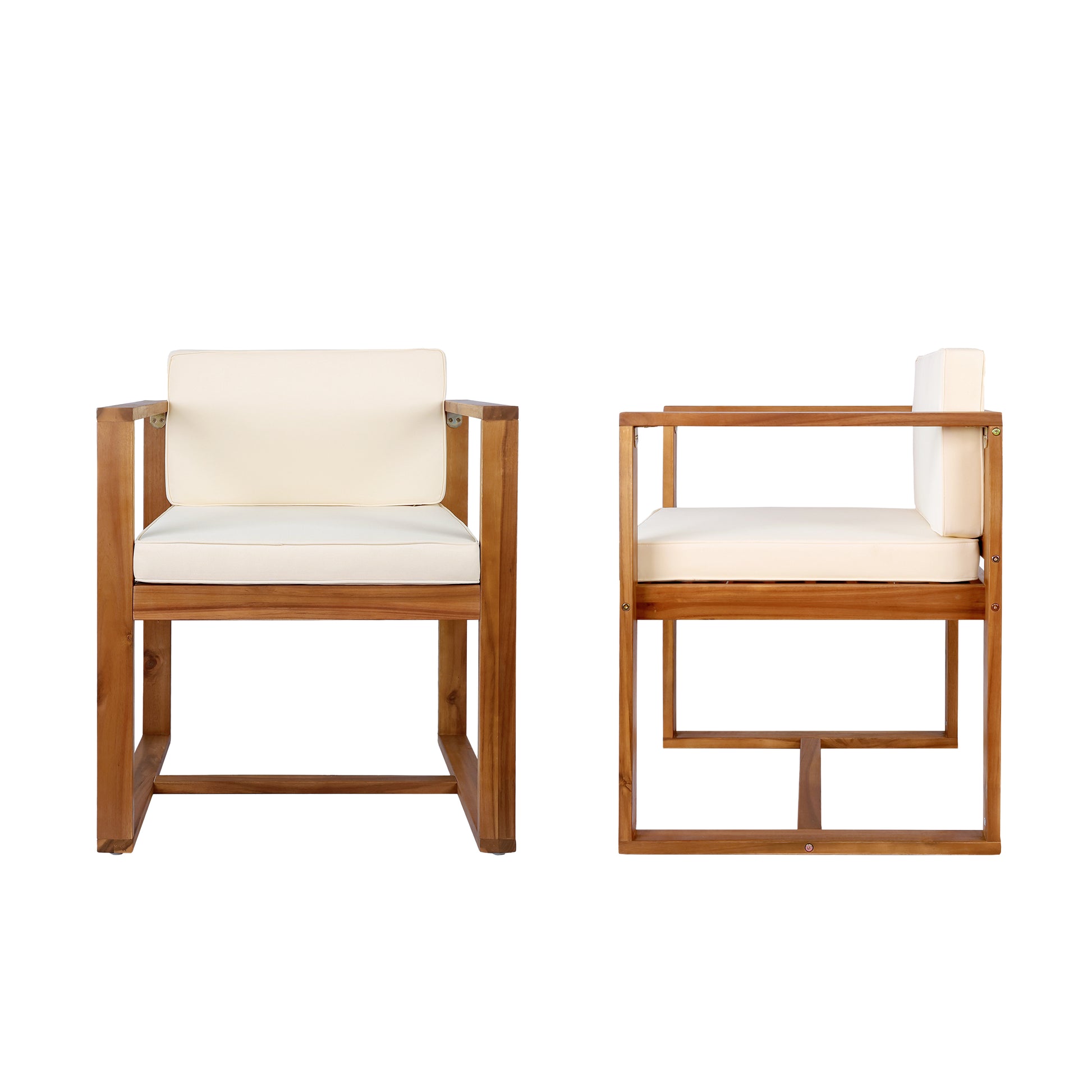 Modern wooden armchair with cream cushions outdoor seating
