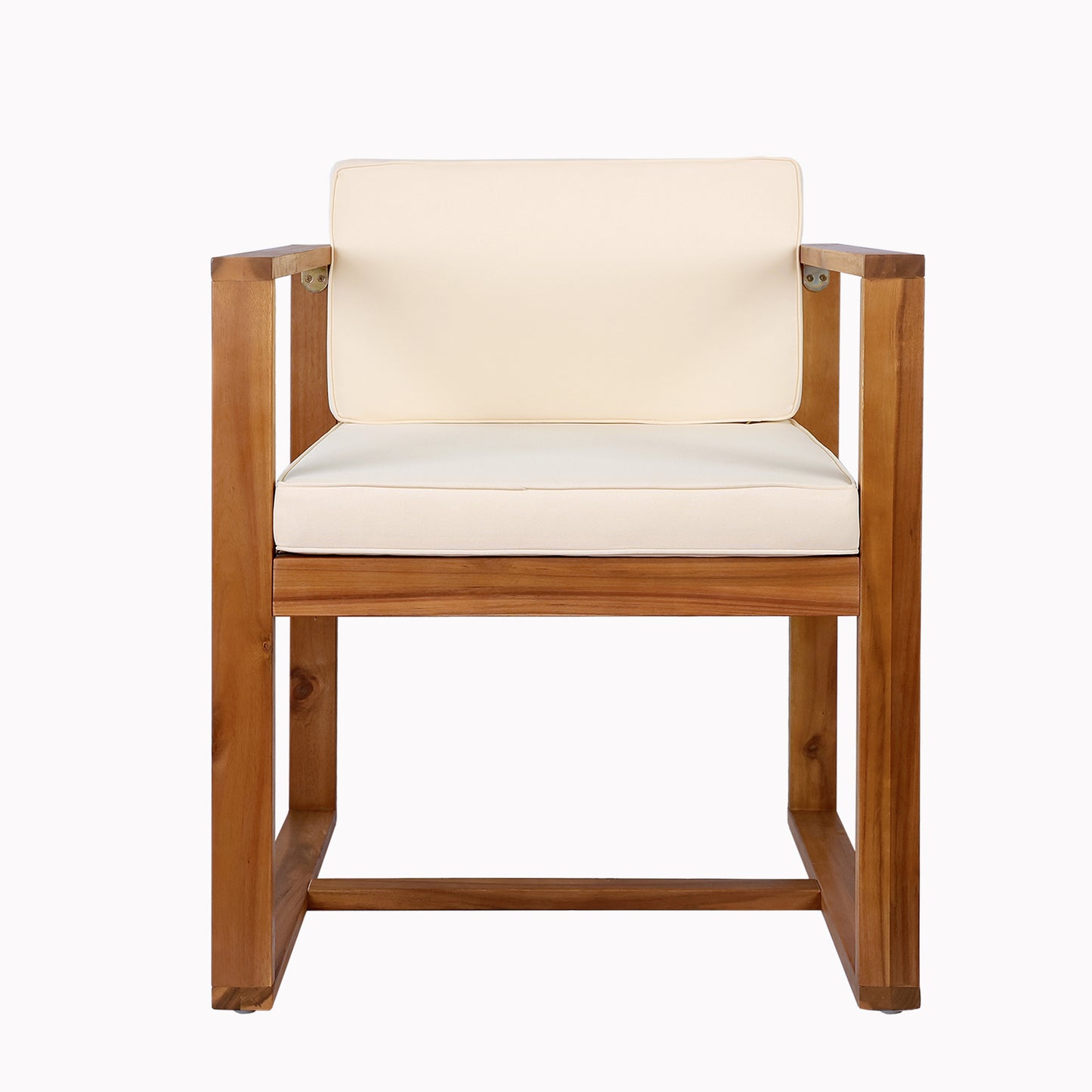 Solid wood accent chair with cream cushions ideal for patios