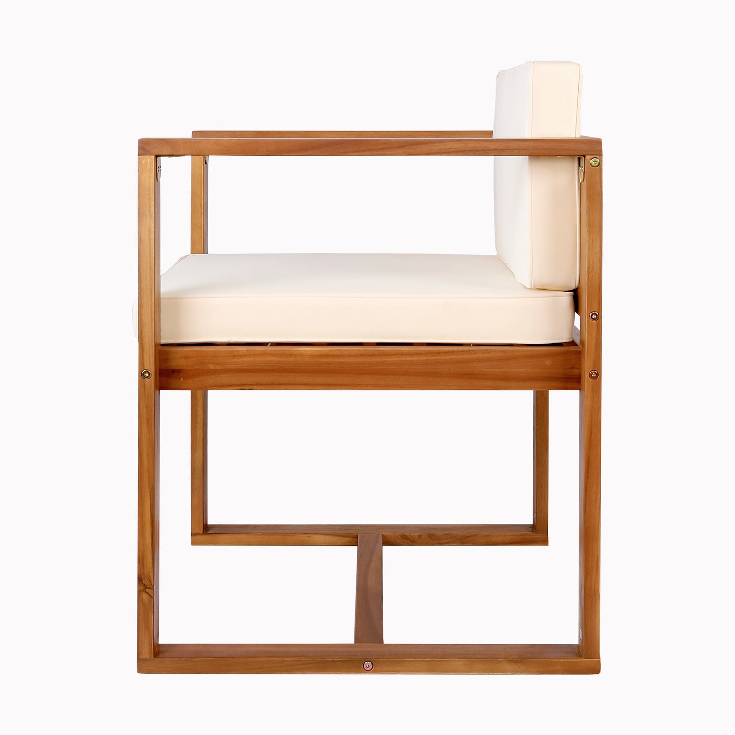 Modern wooden accent chair with cream upholstered seat and back cushions