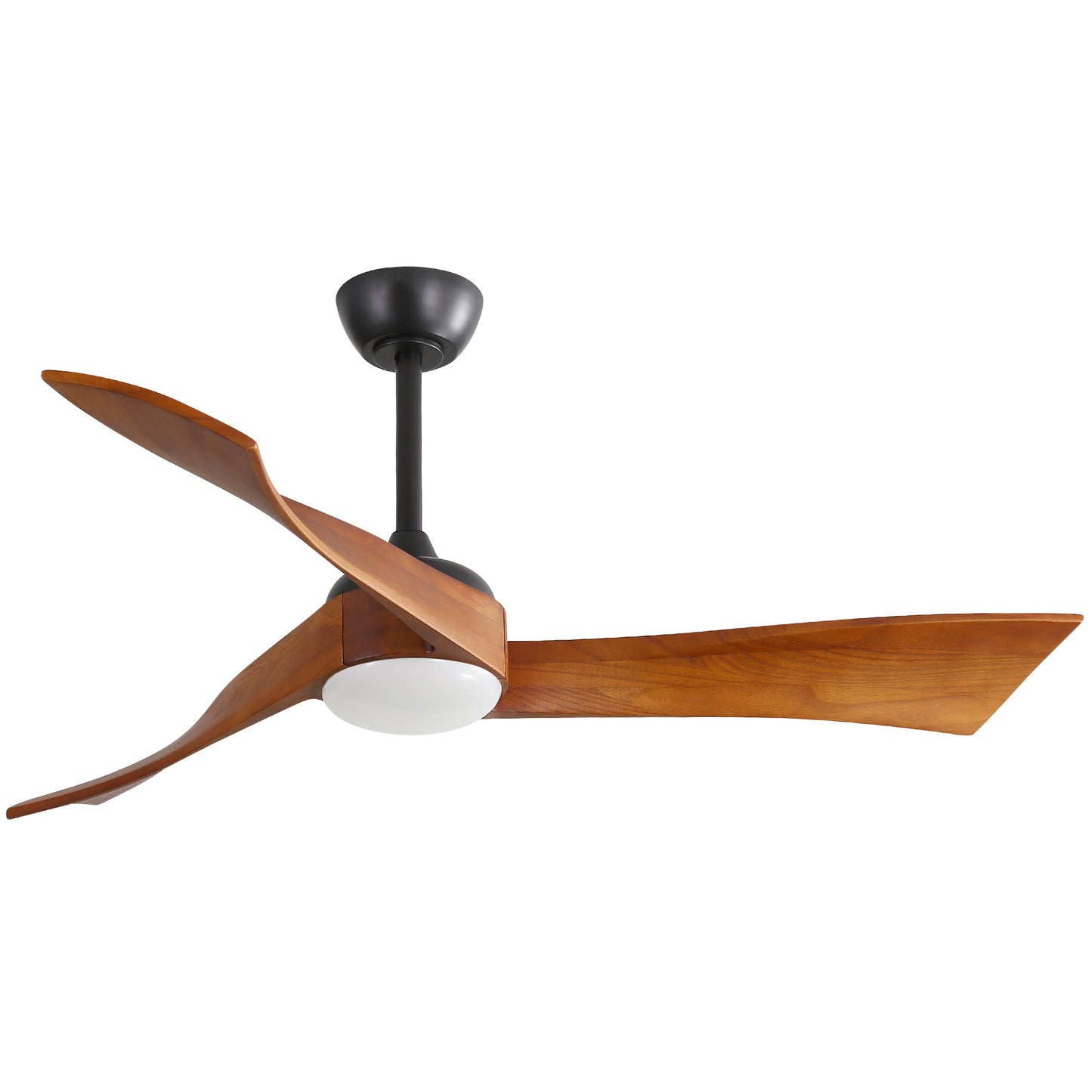 Modern wooden ceiling fan with black base and integrated light