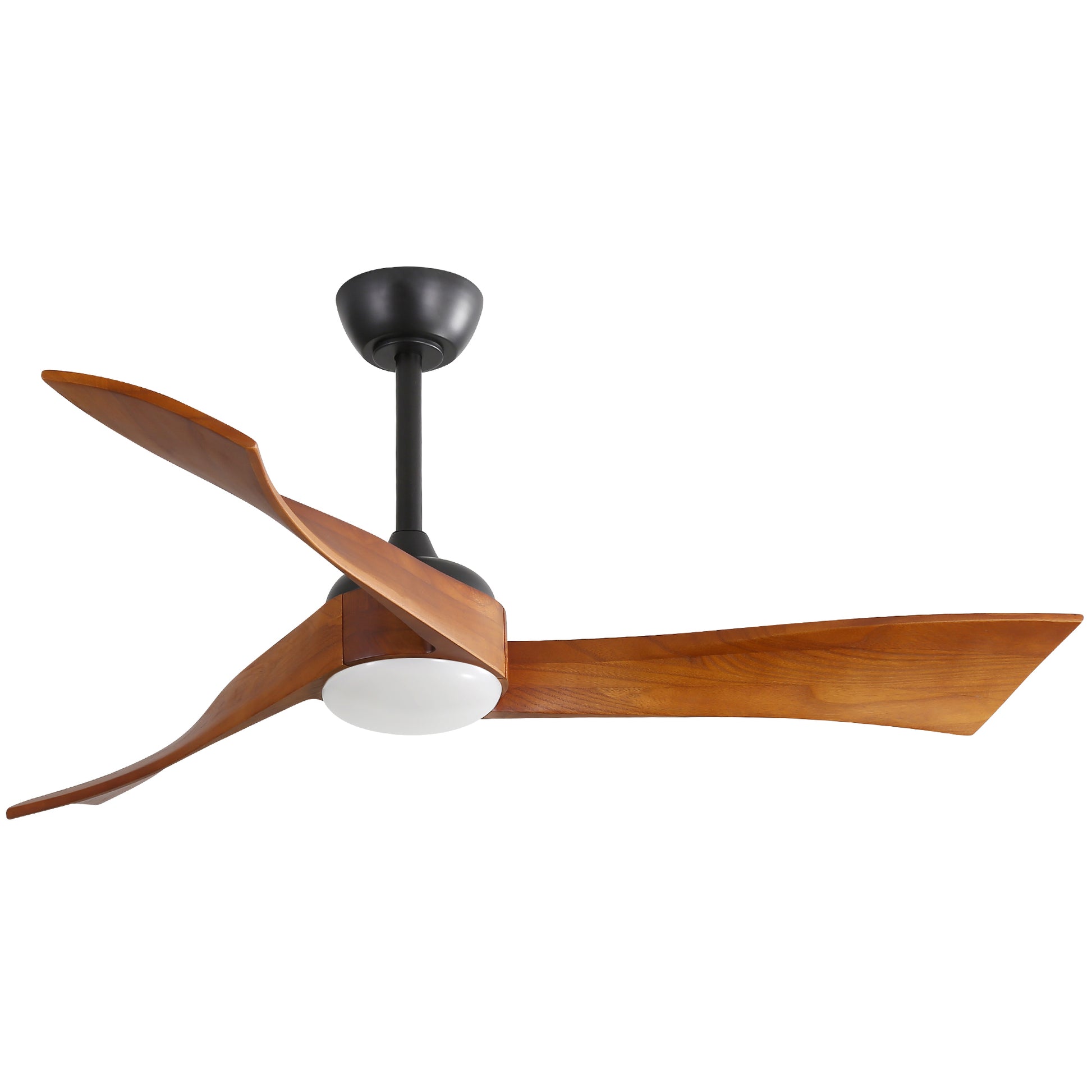 Modern wooden ceiling fan with black base and integrated light