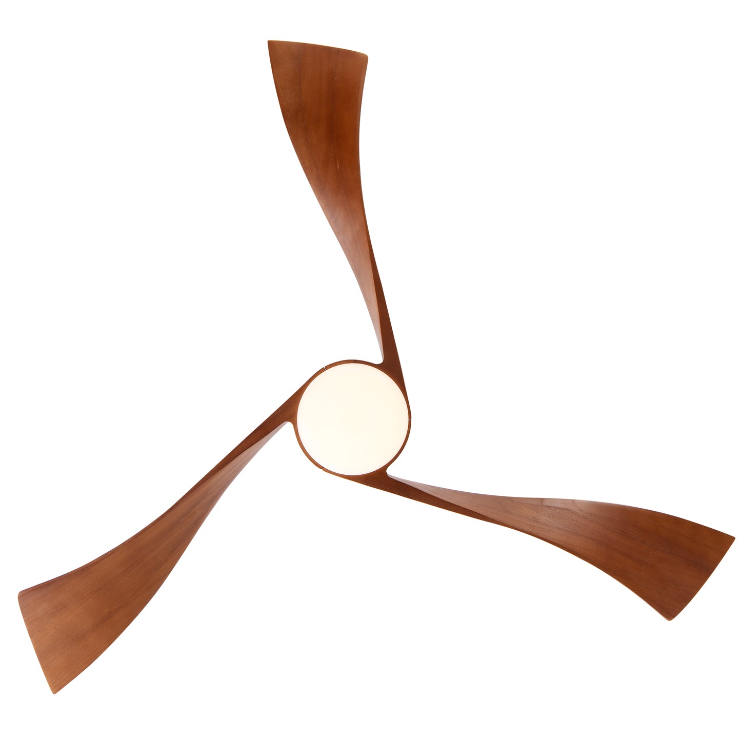 Modern ceiling fan with three curved woodfinish blades and integrated LED light