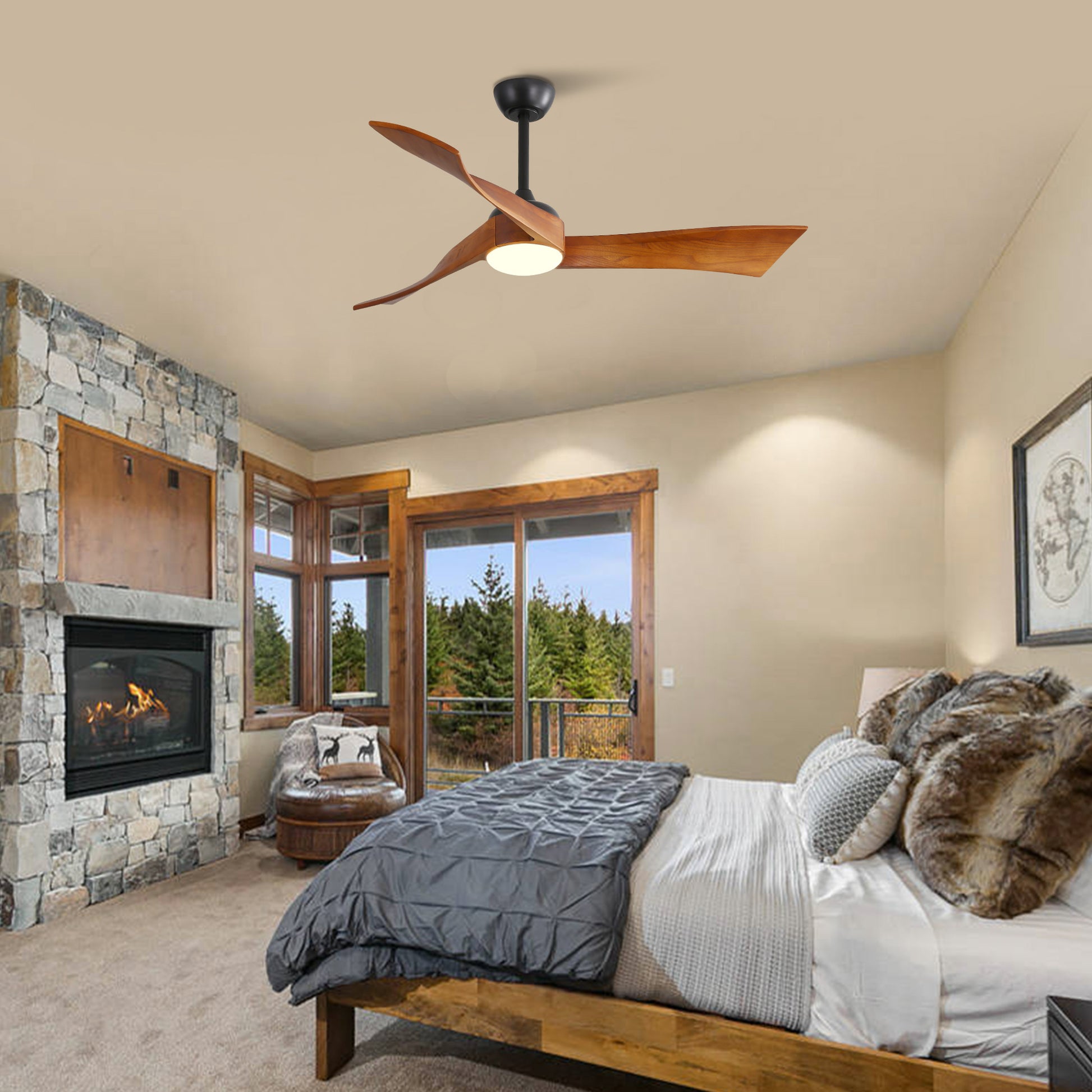 Modern wood ceiling fan with integrated light and black motor for bedroom comfort