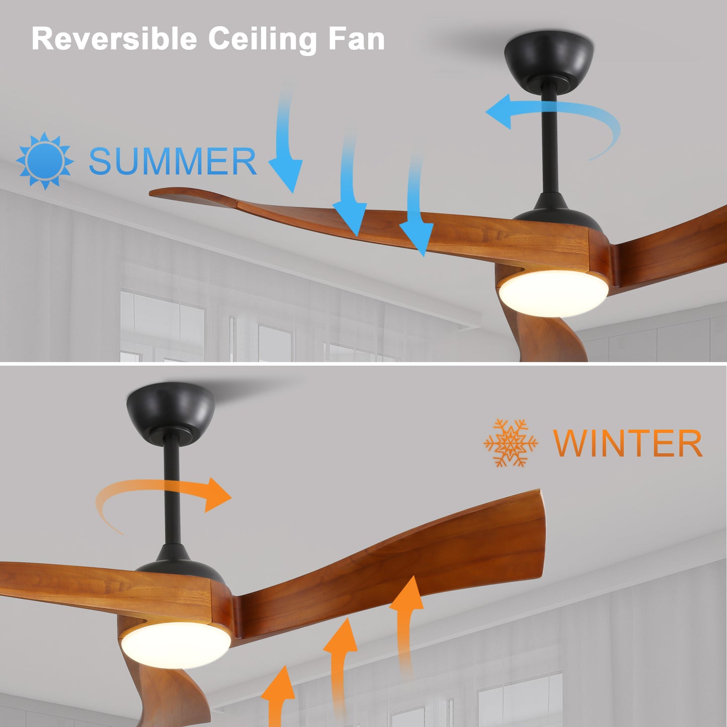 Modern reversible ceiling fan with wood blades and LED light set to summer mode with downward airflow