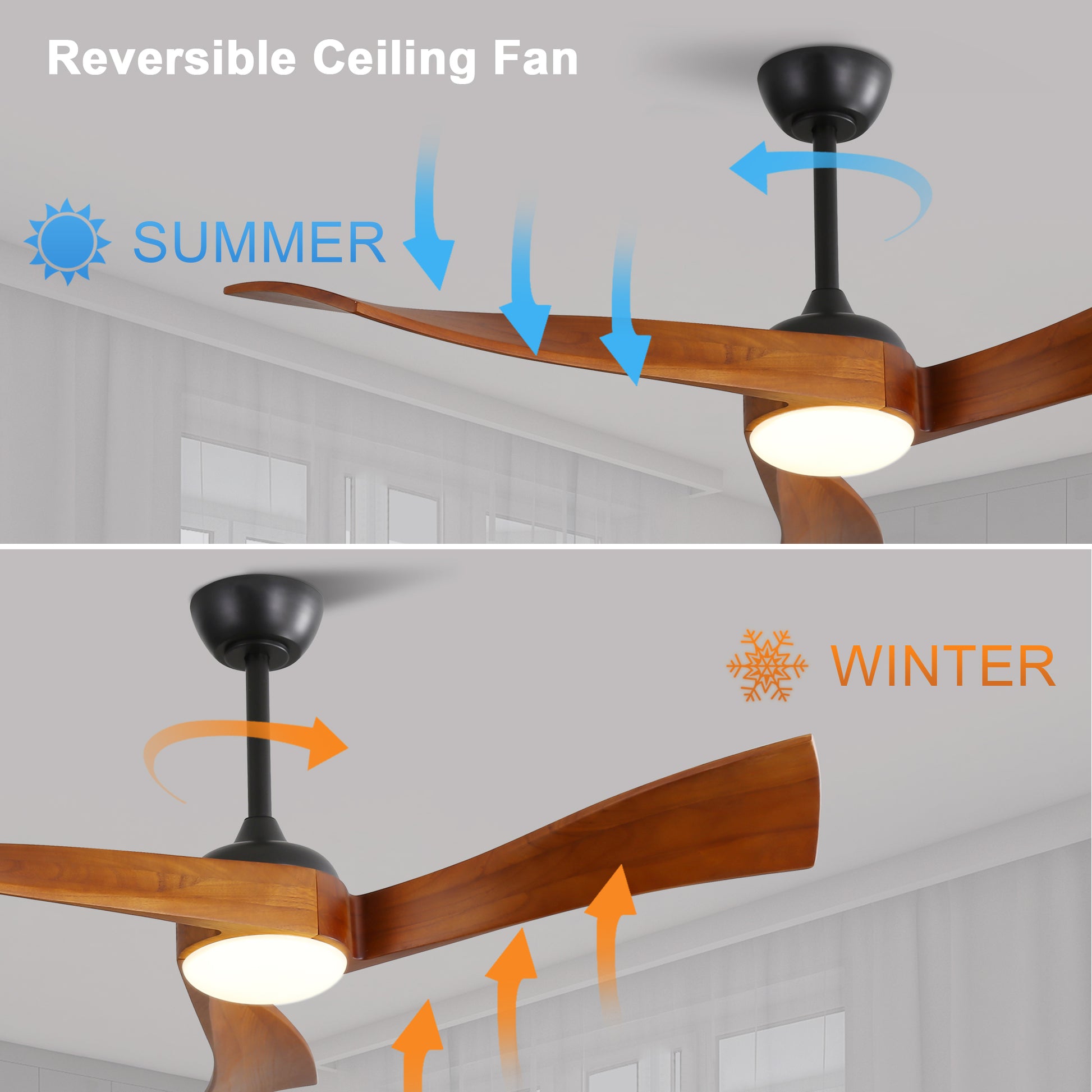 Modern reversible ceiling fan with wood blades and LED light set to summer mode with downward airflow