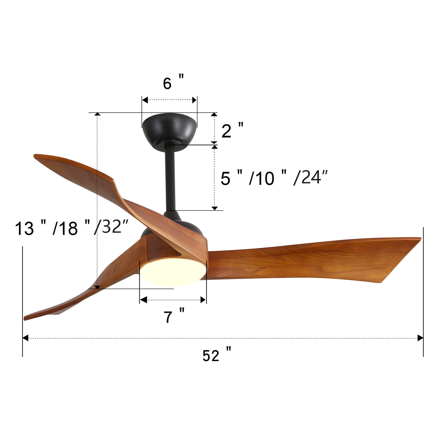inch wood blade ceiling fan with integrated LED light and black motor housing