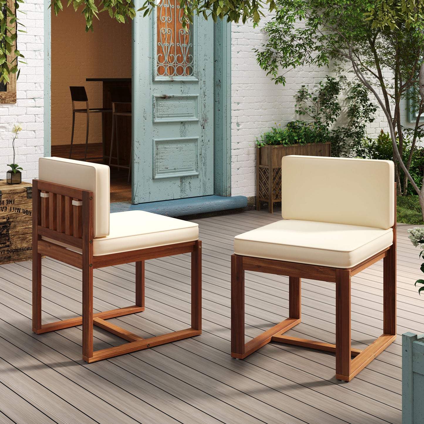 Modern wooden patio chair with cream cushions perfect for outdoor seating