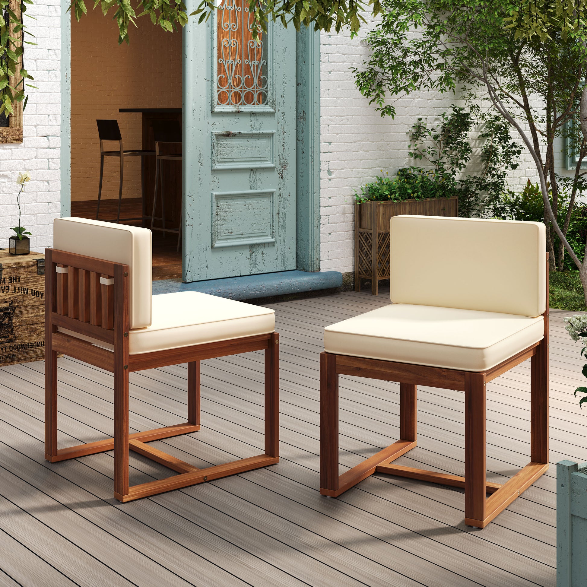 Modern wooden patio chair with cream cushions perfect for outdoor seating