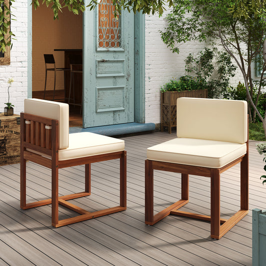 Modern wooden patio chair with cream cushions perfect for outdoor seating