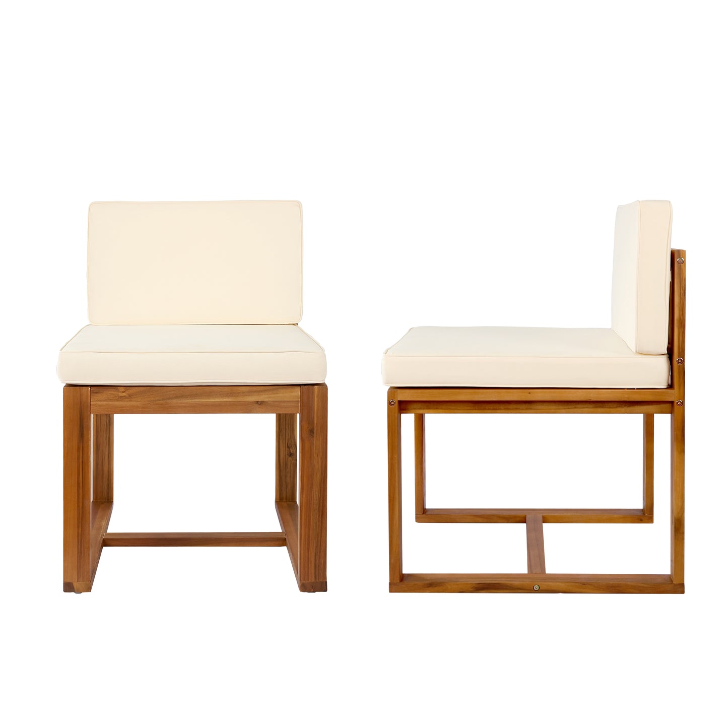Modern armless chair with beige cushions and natural wood frame perfect for living spaces