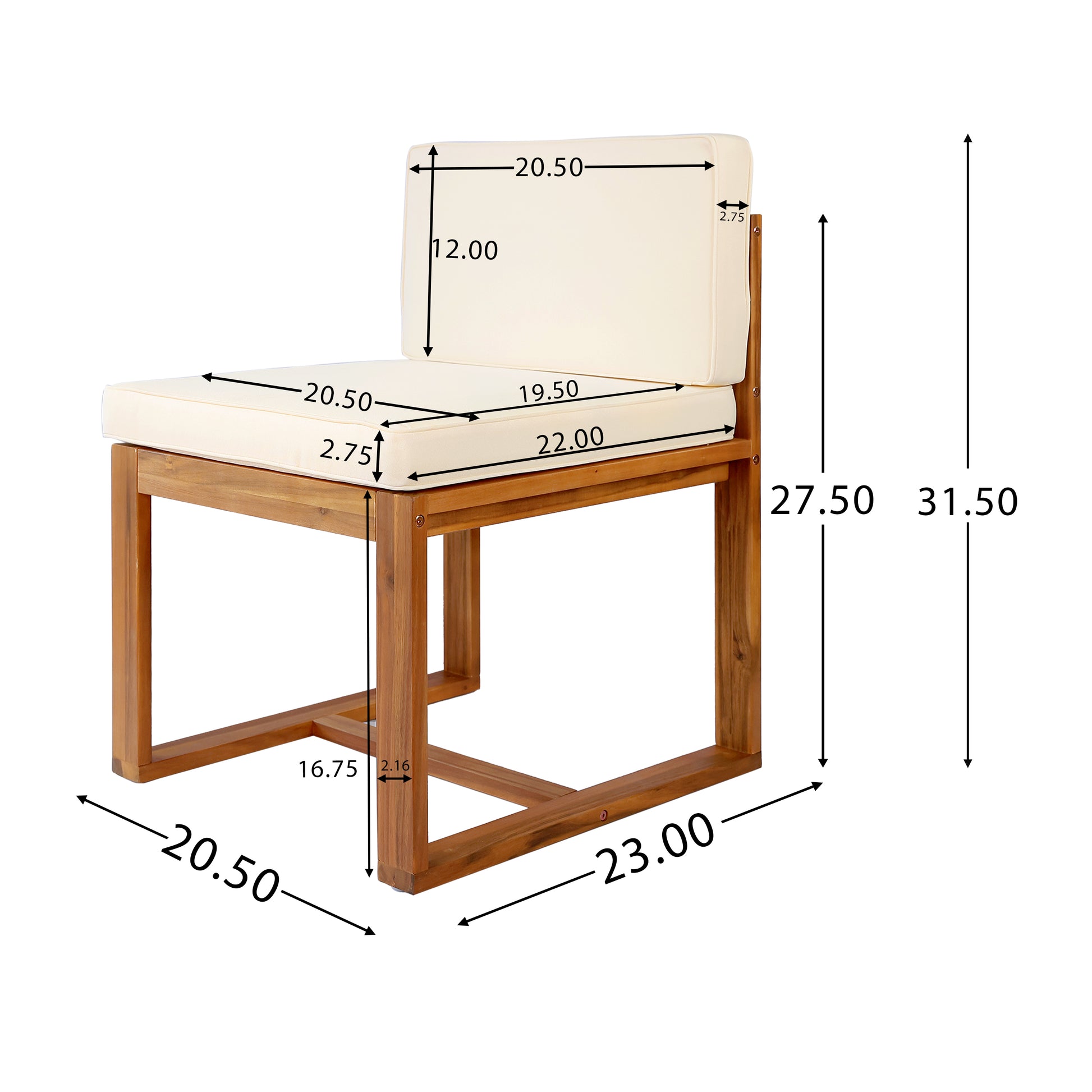 Wooden armchair with beige cushion and visible dimensions for seating area