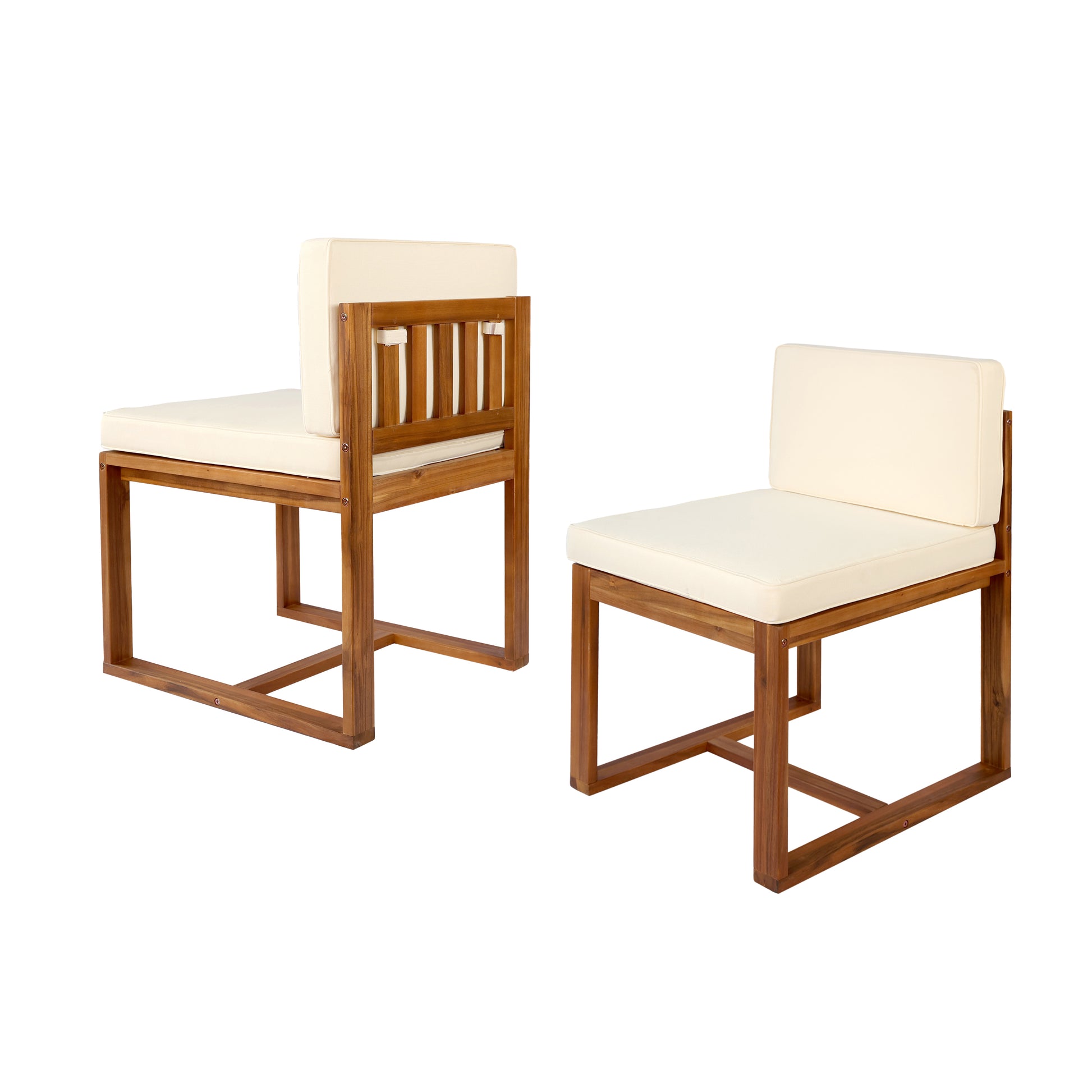 Modern wooden chair with cream cushion slatted back ideal for patio seating