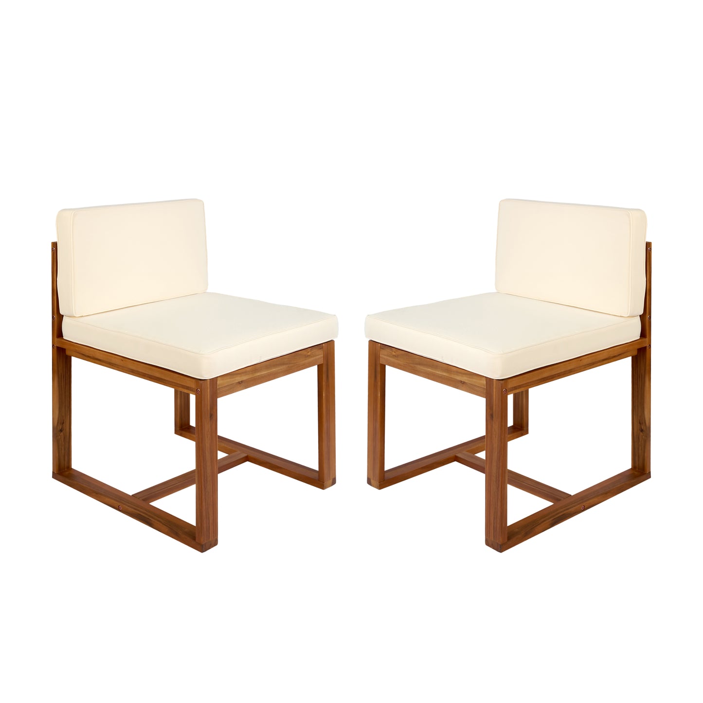 Two modern wooden armless chairs with cream cushions for outdoor lounging