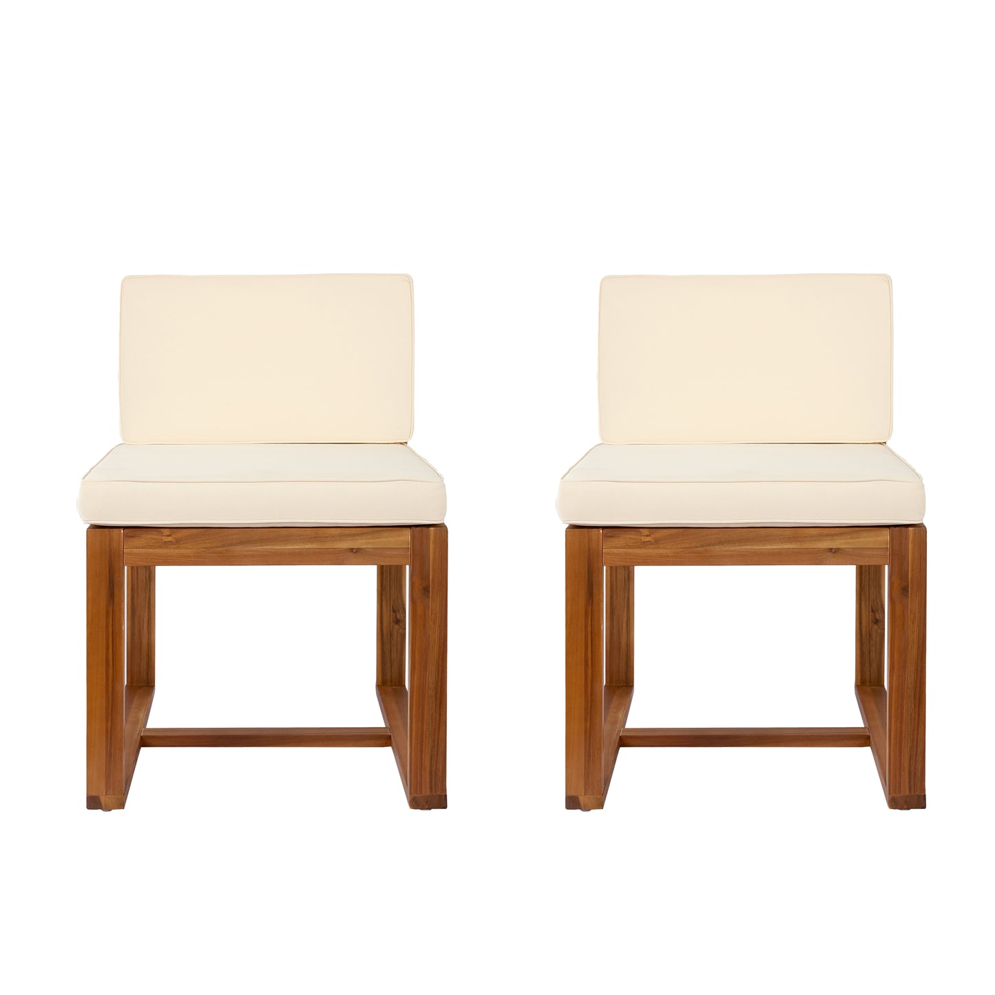 Two cream upholstered outdoor dining chairs with natural wood frames