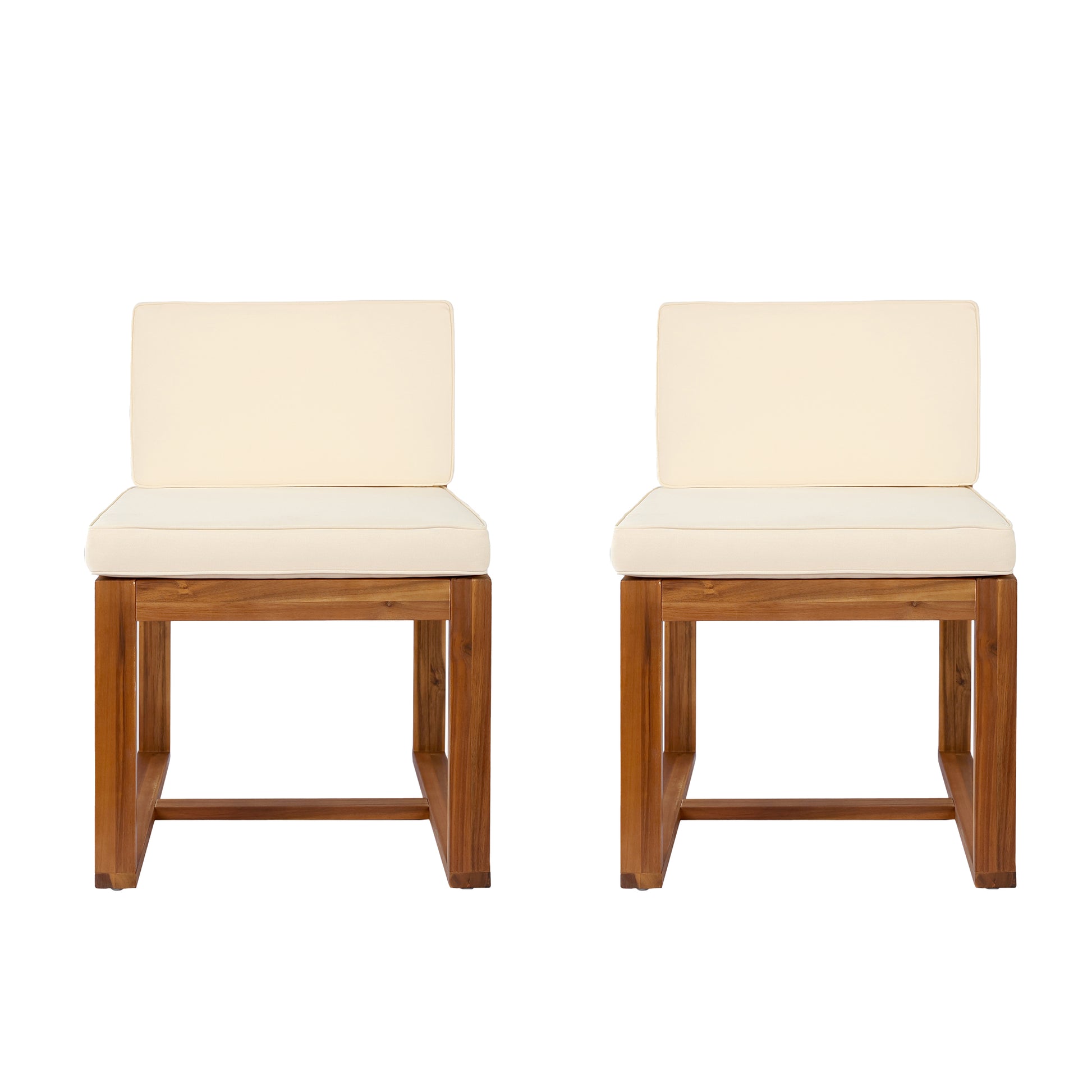 Two cream upholstered outdoor dining chairs with natural wood frames