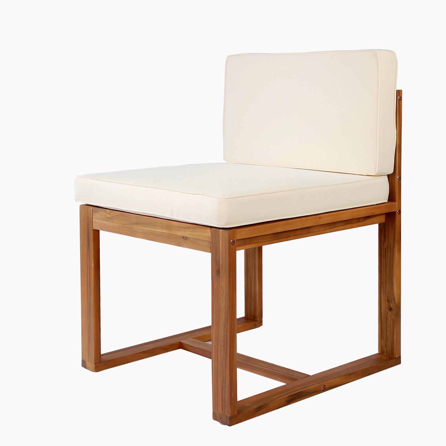 Modern accent chair with comfortable ivory cushions and a sturdy wooden frame