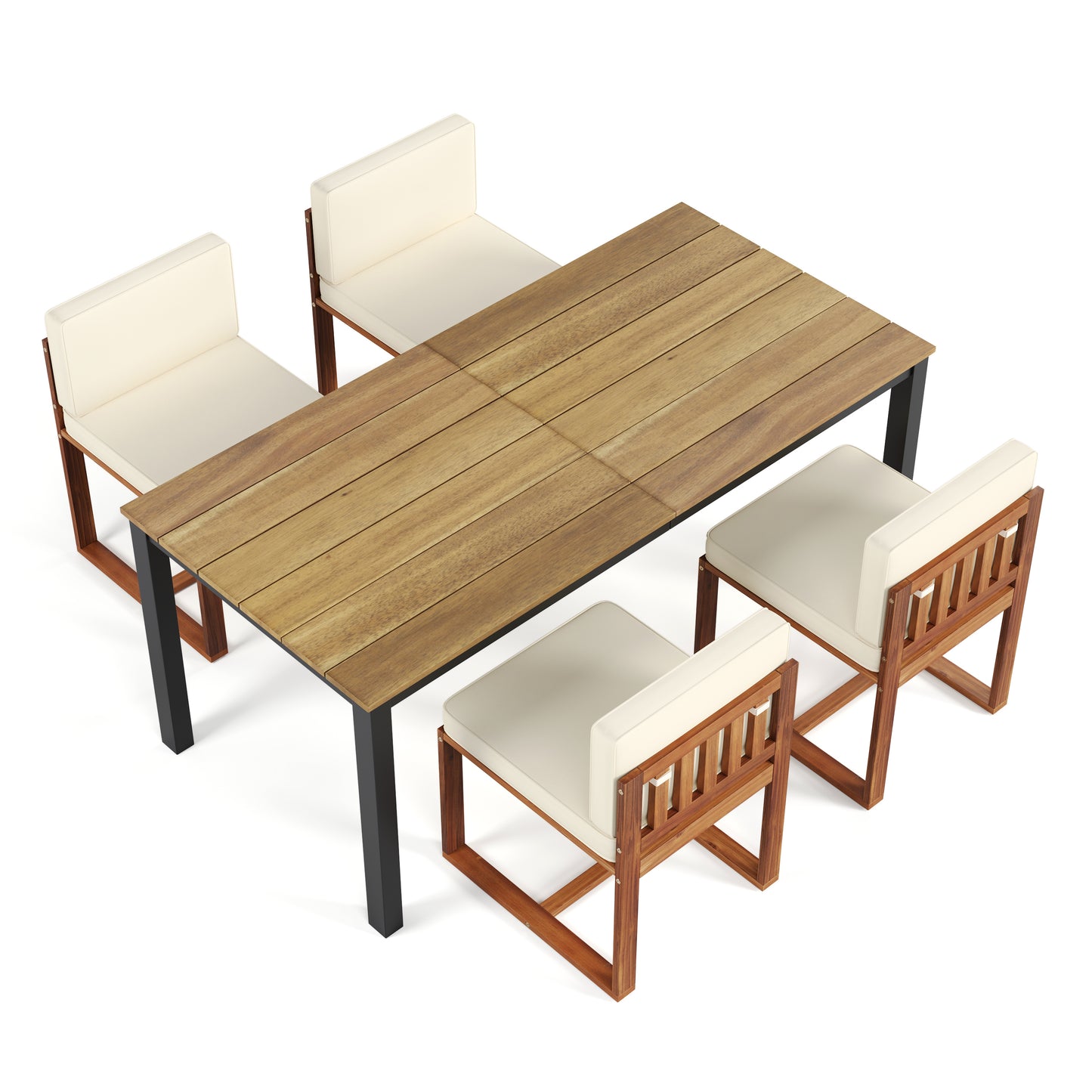 Wooden slatted dining table with four creamcushioned chairs perfect for patio dining