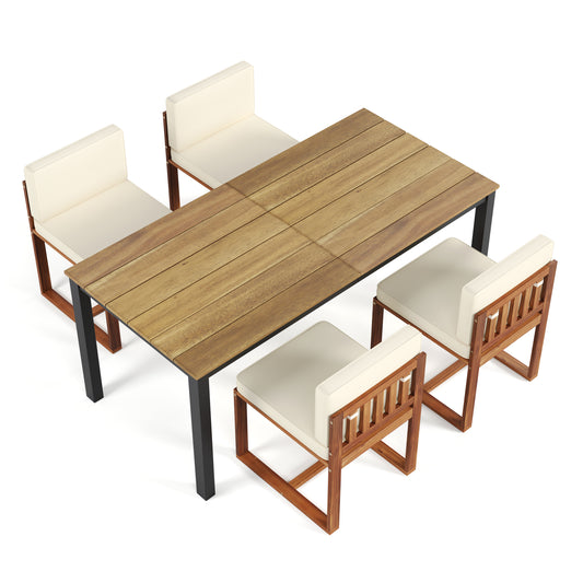 Wooden slatted dining table with four creamcushioned chairs perfect for patio dining