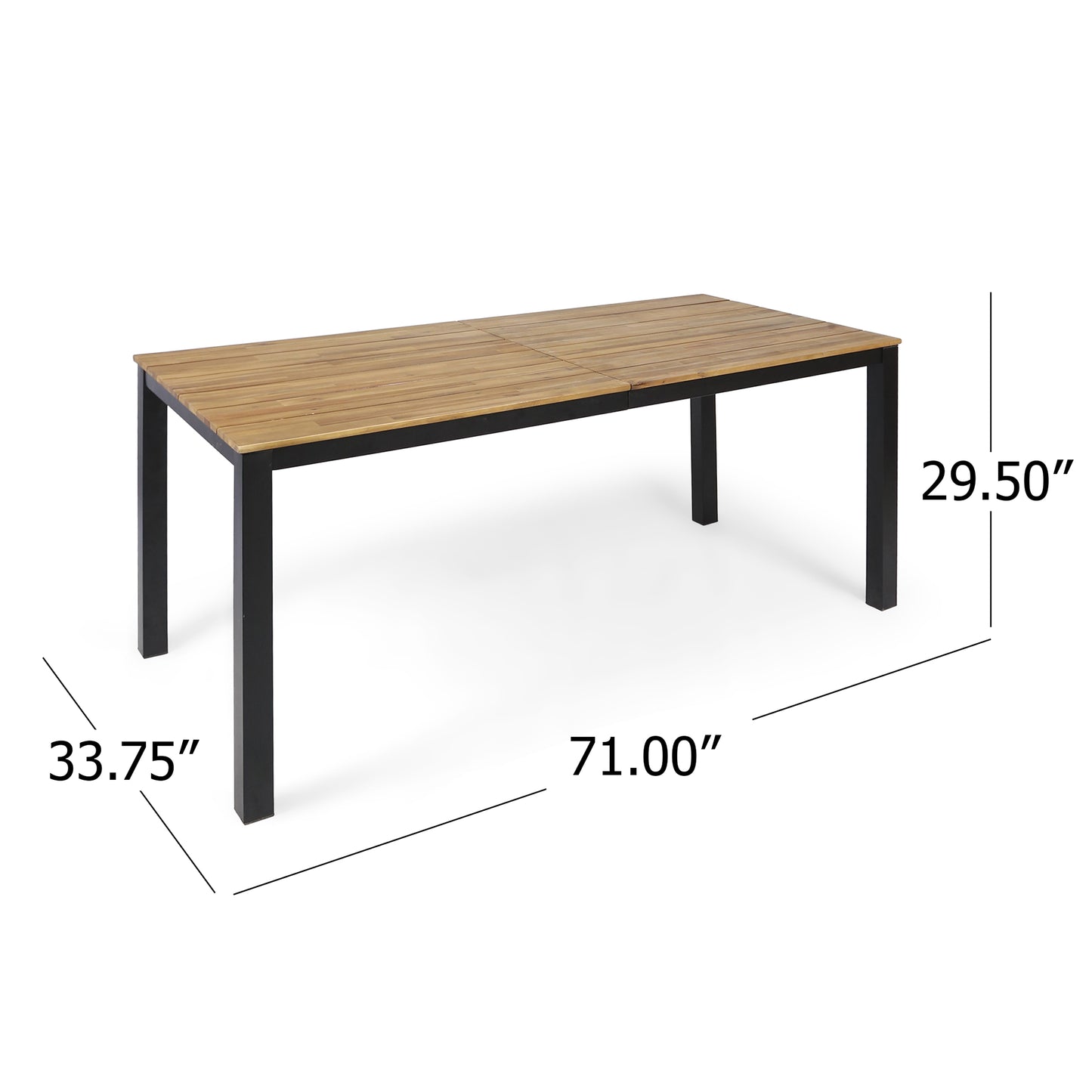 Modern rectangular slatted teak dining table with black metal legs for outdoor use