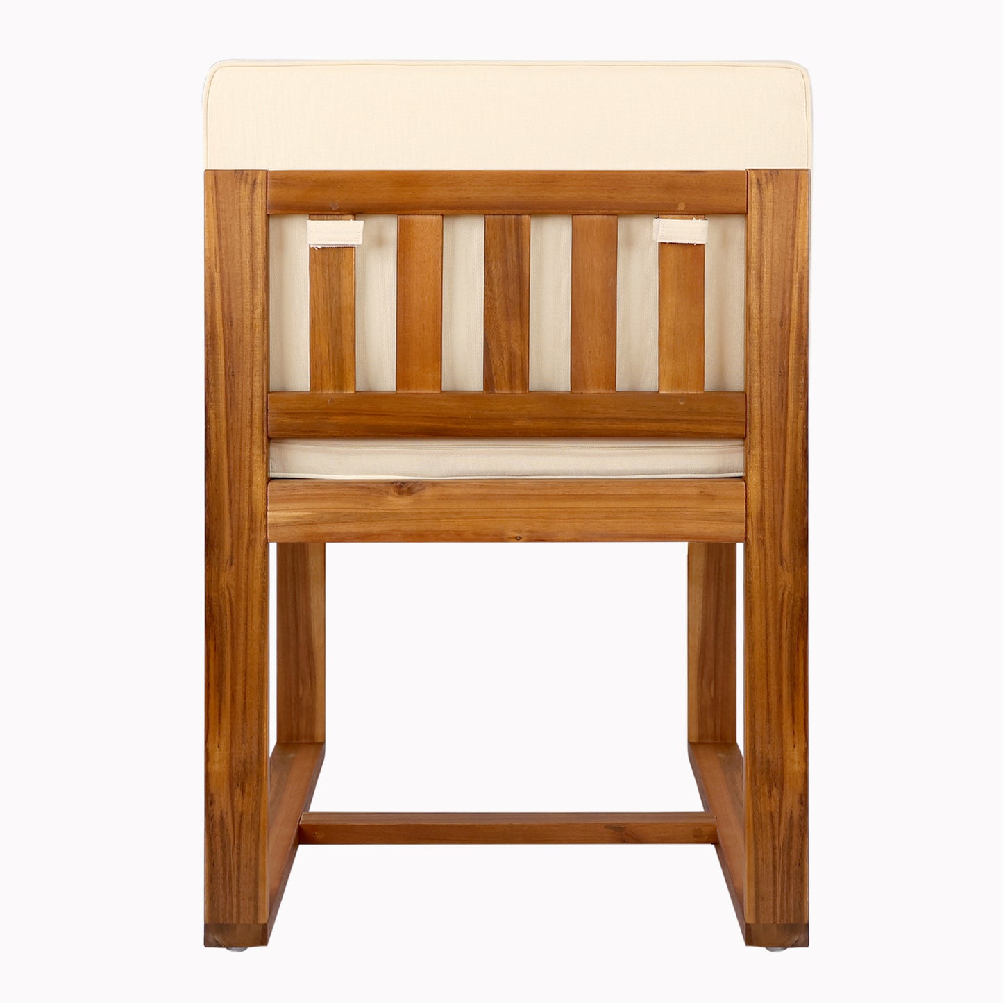 Solid wood bench with natural finish and cream cushions perfect for entryway seating