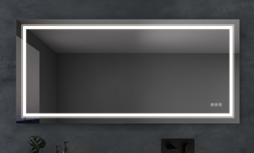 Modern rectangular bathroom mirror with illuminated LED border and touch controls