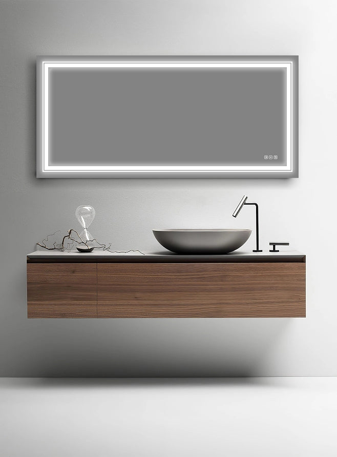 Modern rectangular bathroom mirror with integrated LED lighting and touch controls