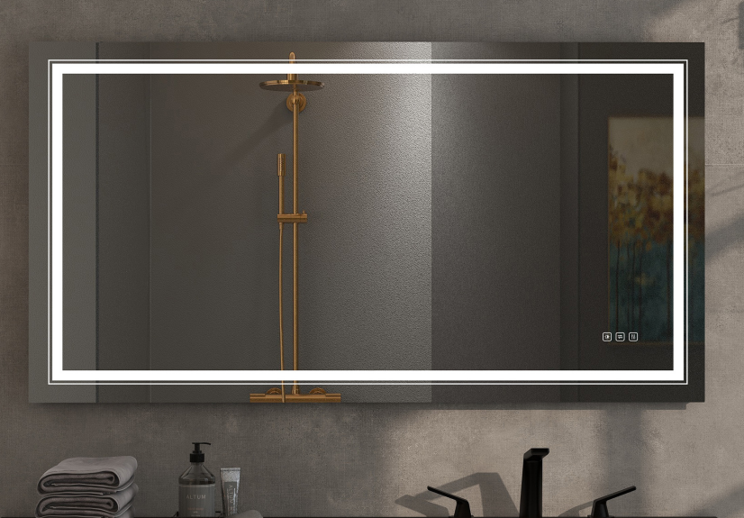 Modern LED bathroom mirror with integrated lighting and touch controls