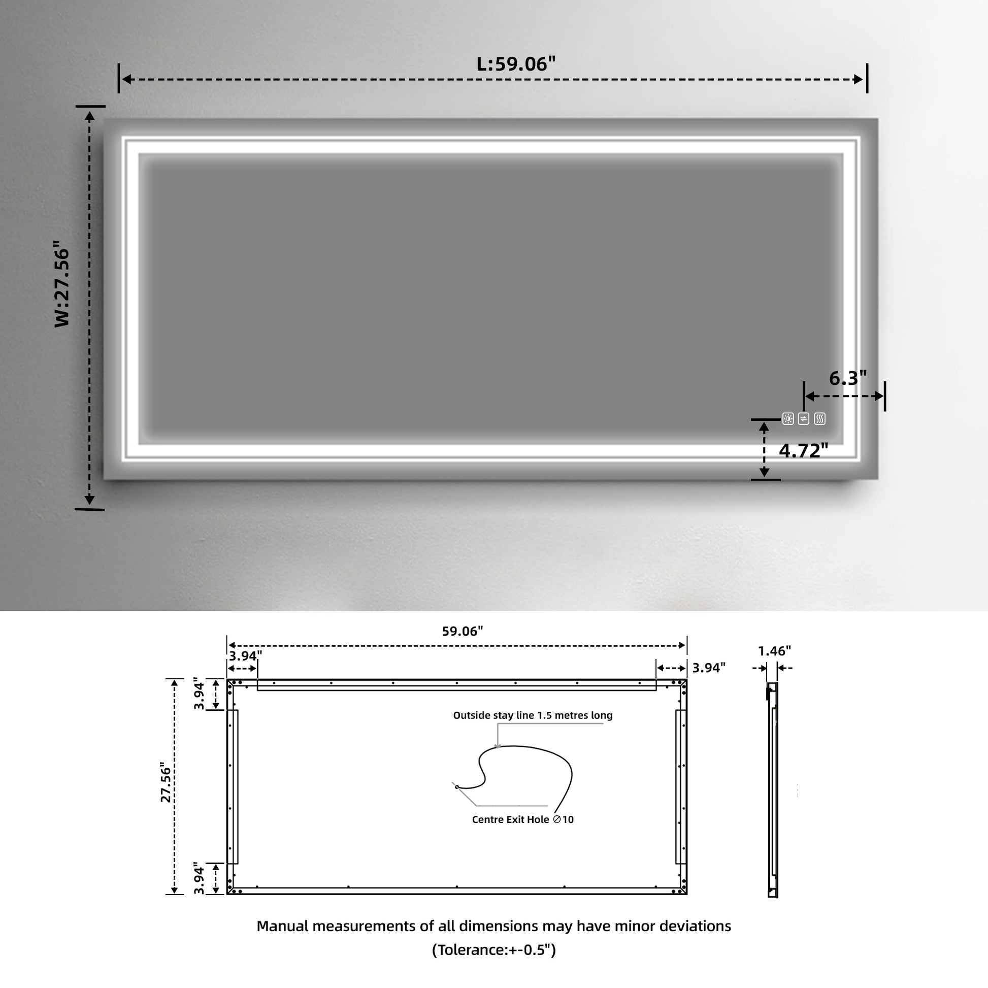 Rectangular lighted vanity mirror  W x  H modern LED design