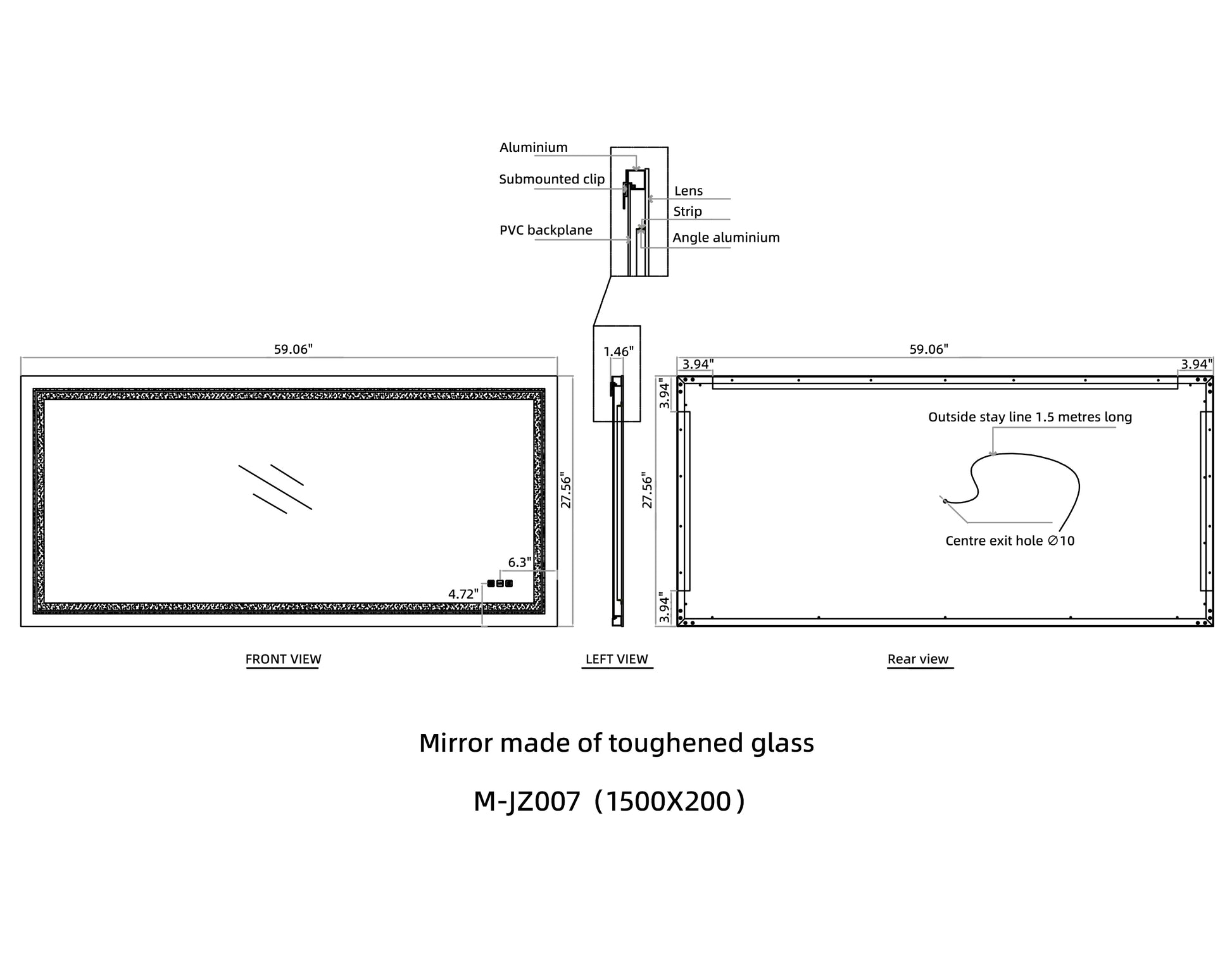 Front view technical drawing of a inch MJZ toughened glass mirror