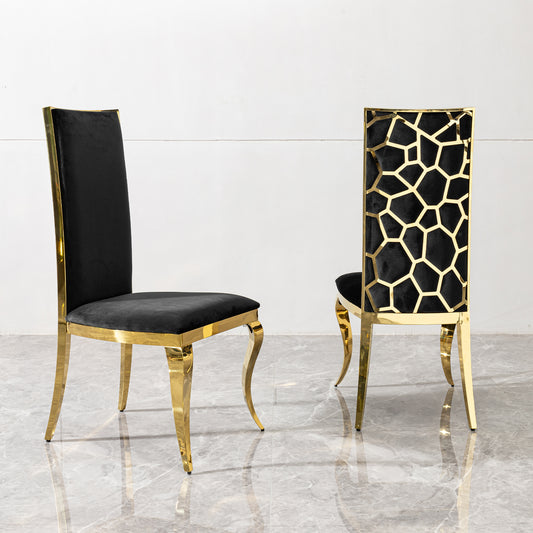 Black velvet dining chair with gold metal legs and ornate back detail