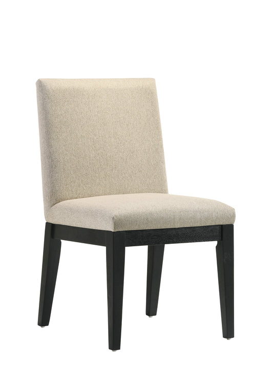 Upholstered dining chair with textured beige fabric and dark wood legs