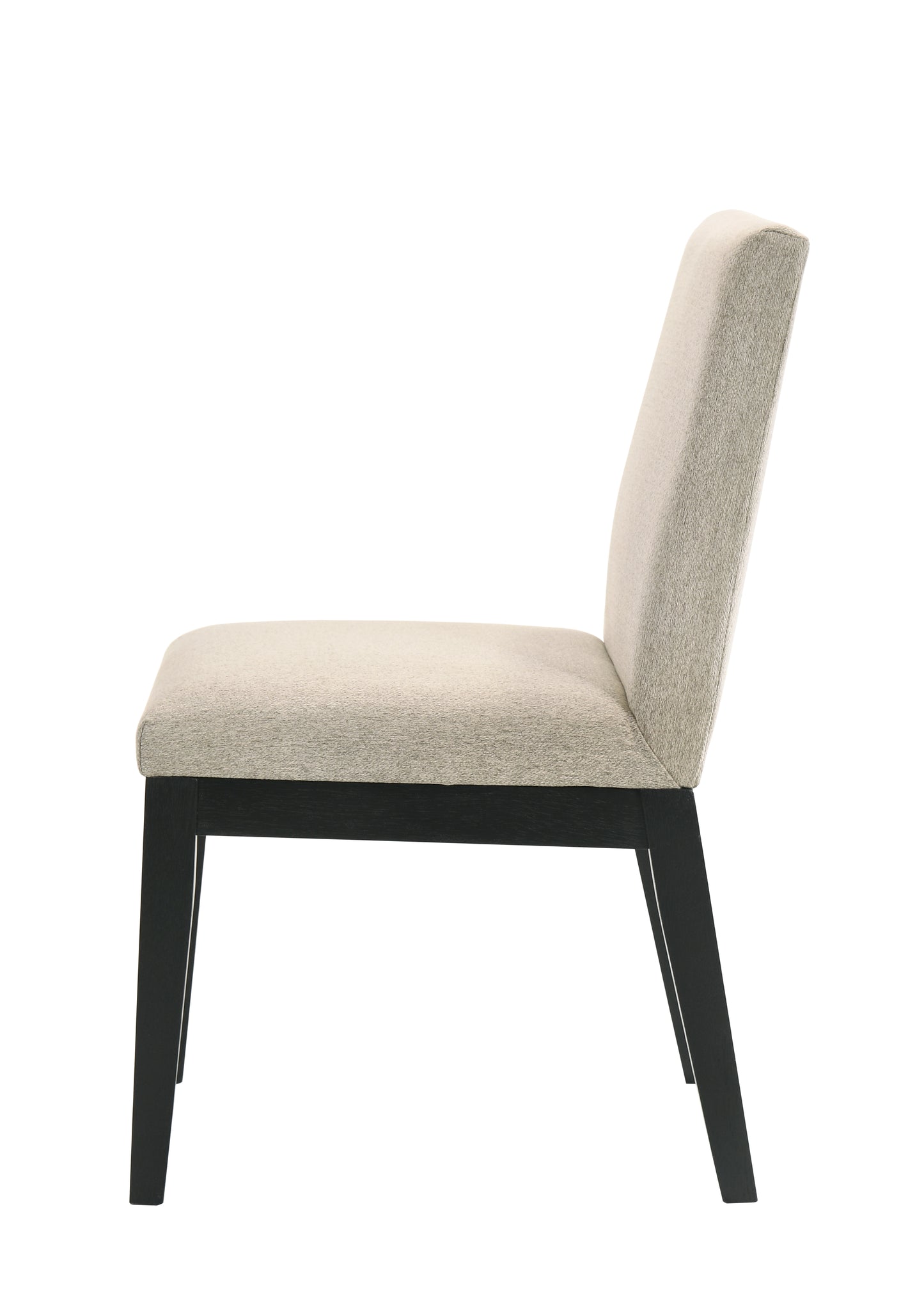 Side view of a modern beige upholstered dining chair with dark wood legs