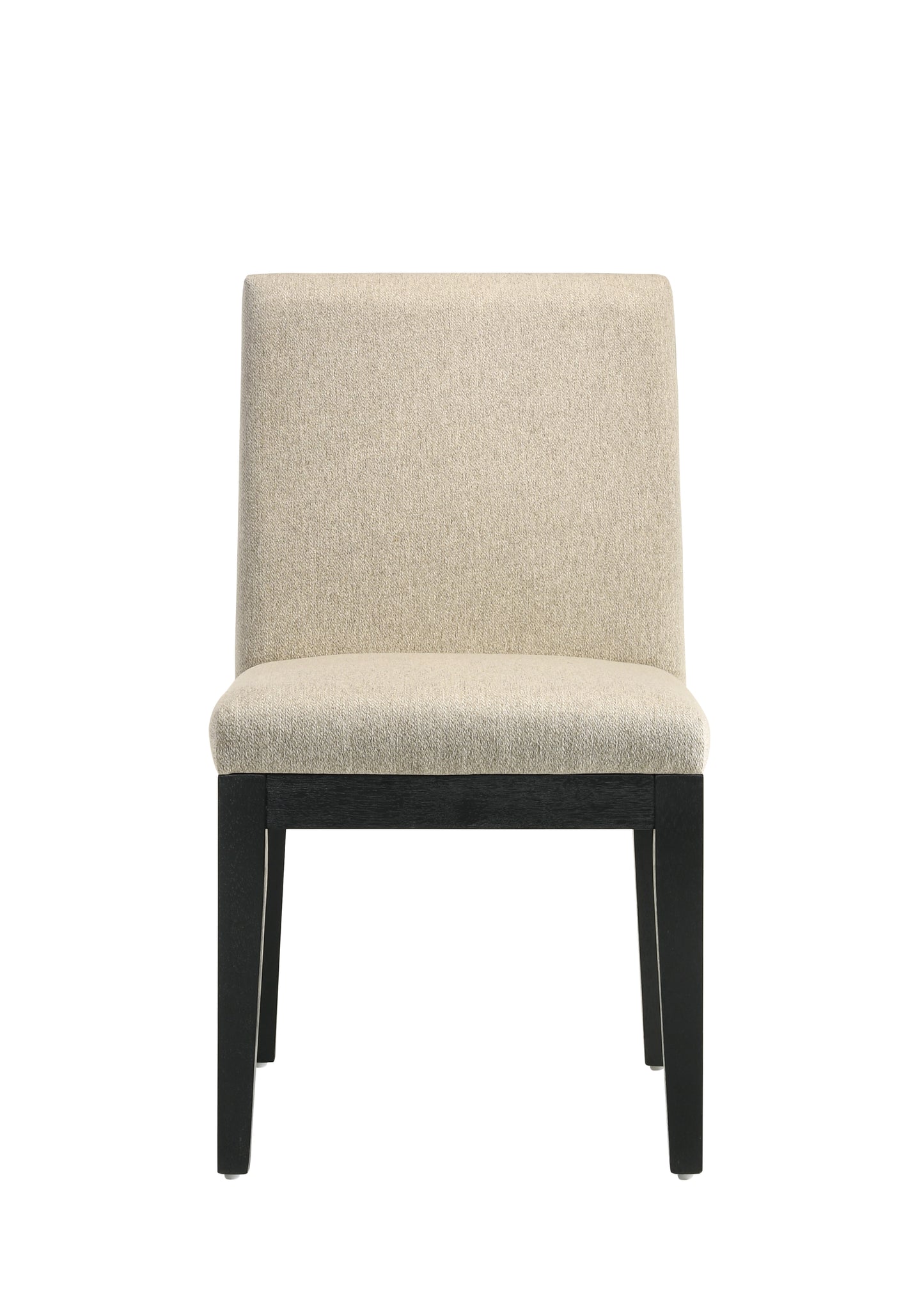 Beige upholstered dining chair with black wooden legs