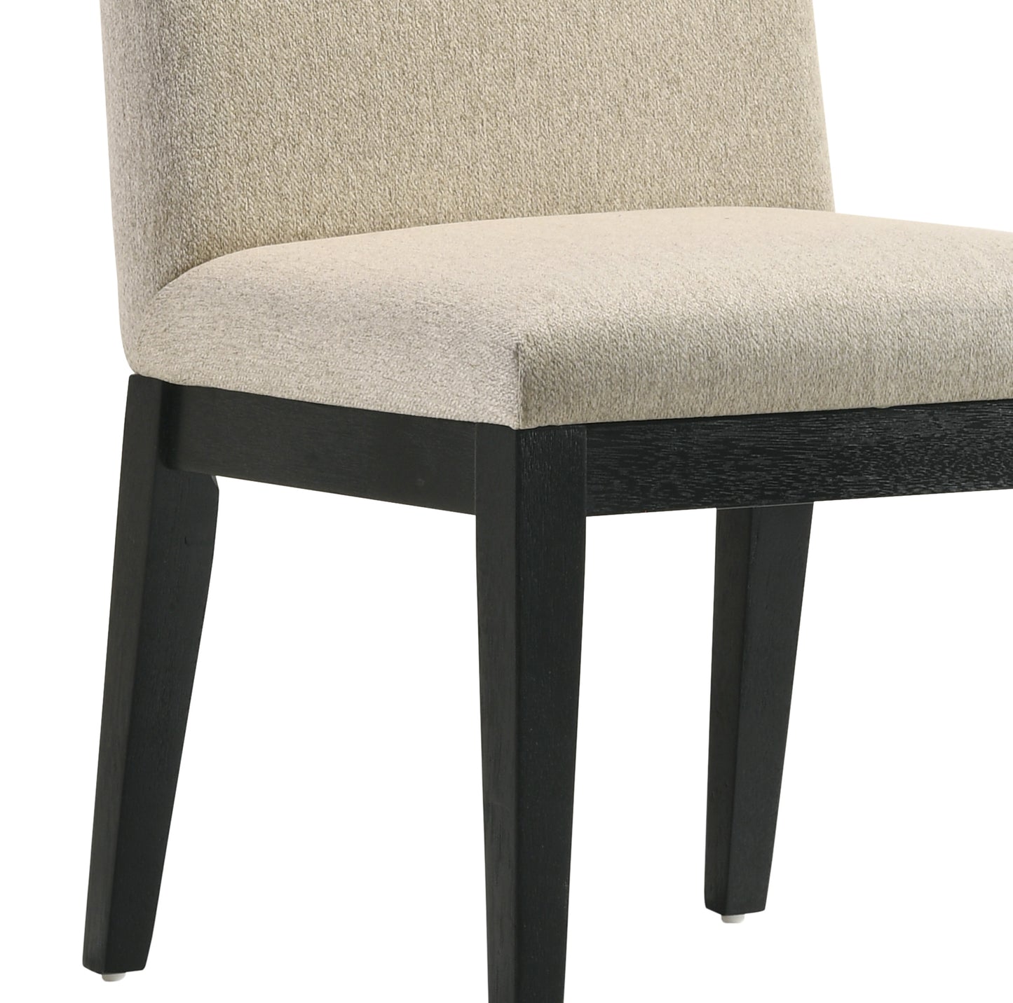 Upholstered dining chair with textured beige fabric seat and back and dark wood legs
