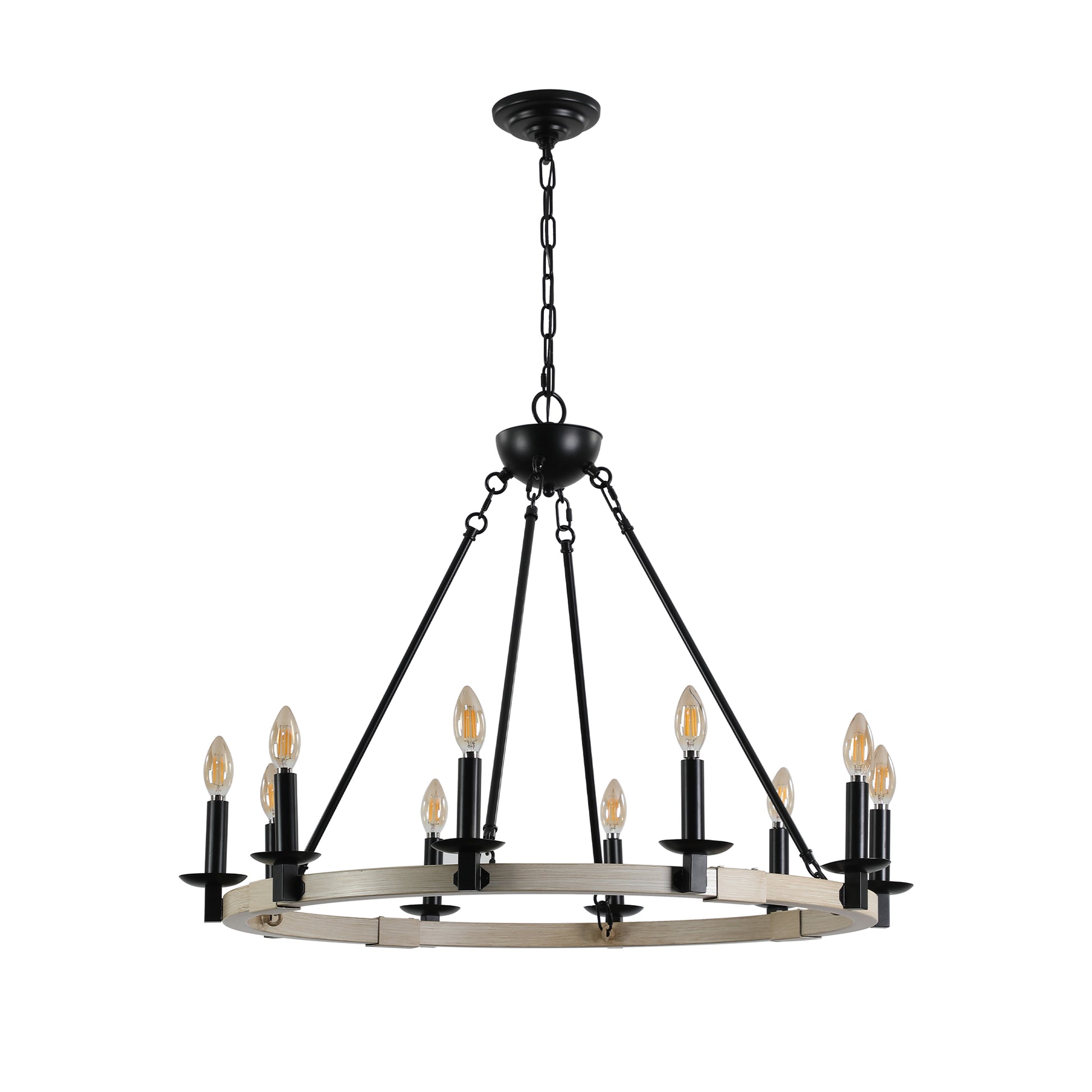 Rustic wagon wheel chandelier with black metal and distressed wood finish