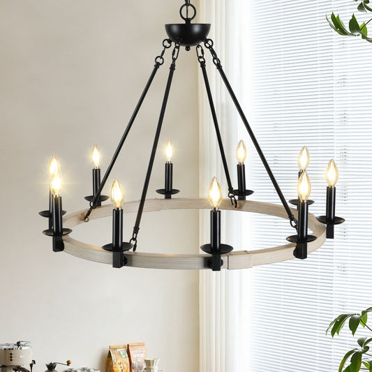 Black metal farmhouse chandelier with a distressed wood ring and  candle lights