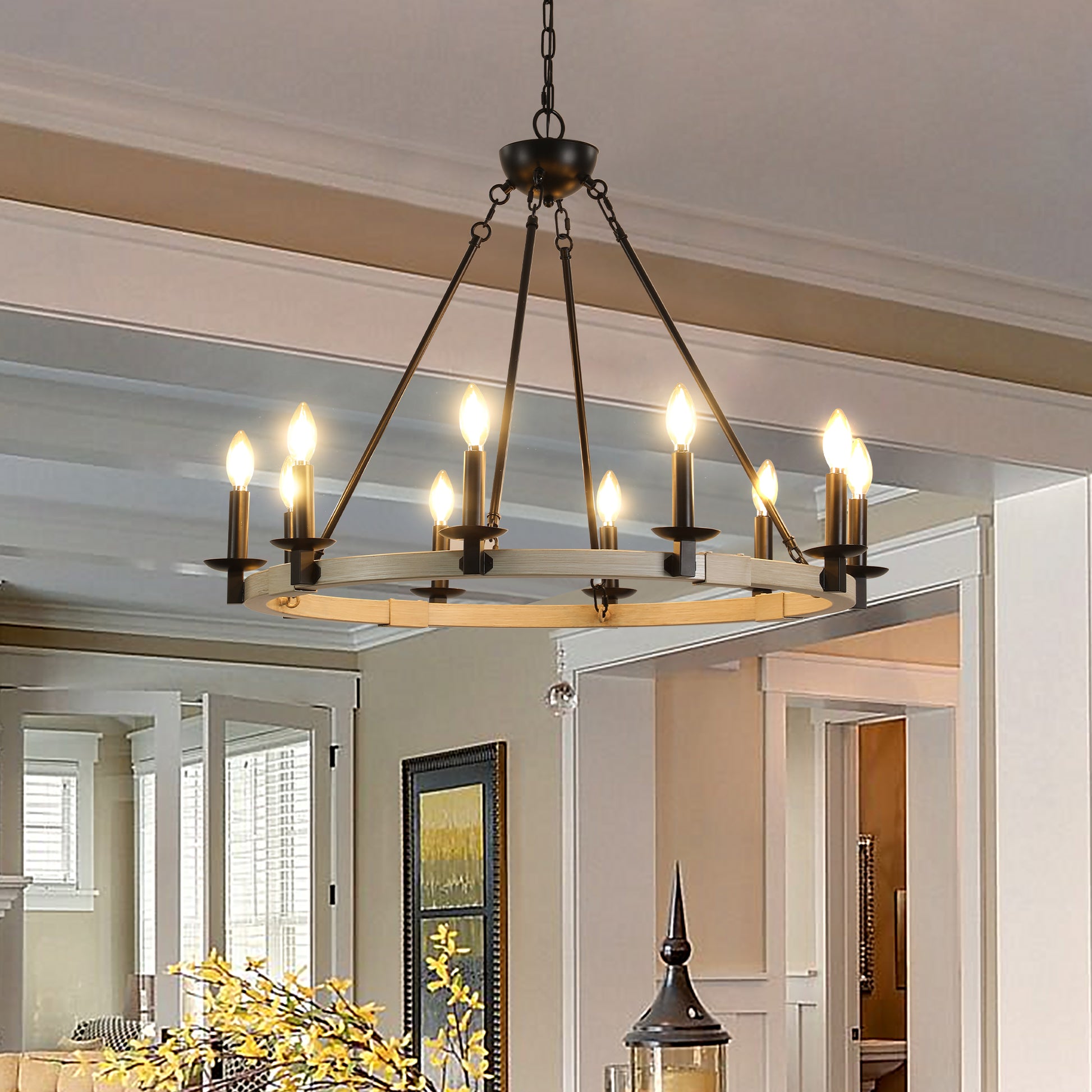 Black metal farmhouse chandelier with candlestyle bulbs and a distressed wood ring