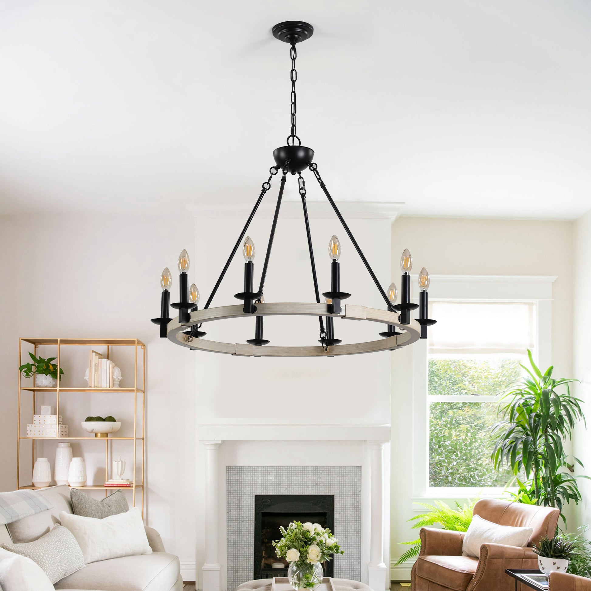 Black metal wagon wheel chandelier with distressed wood accent ring  lights