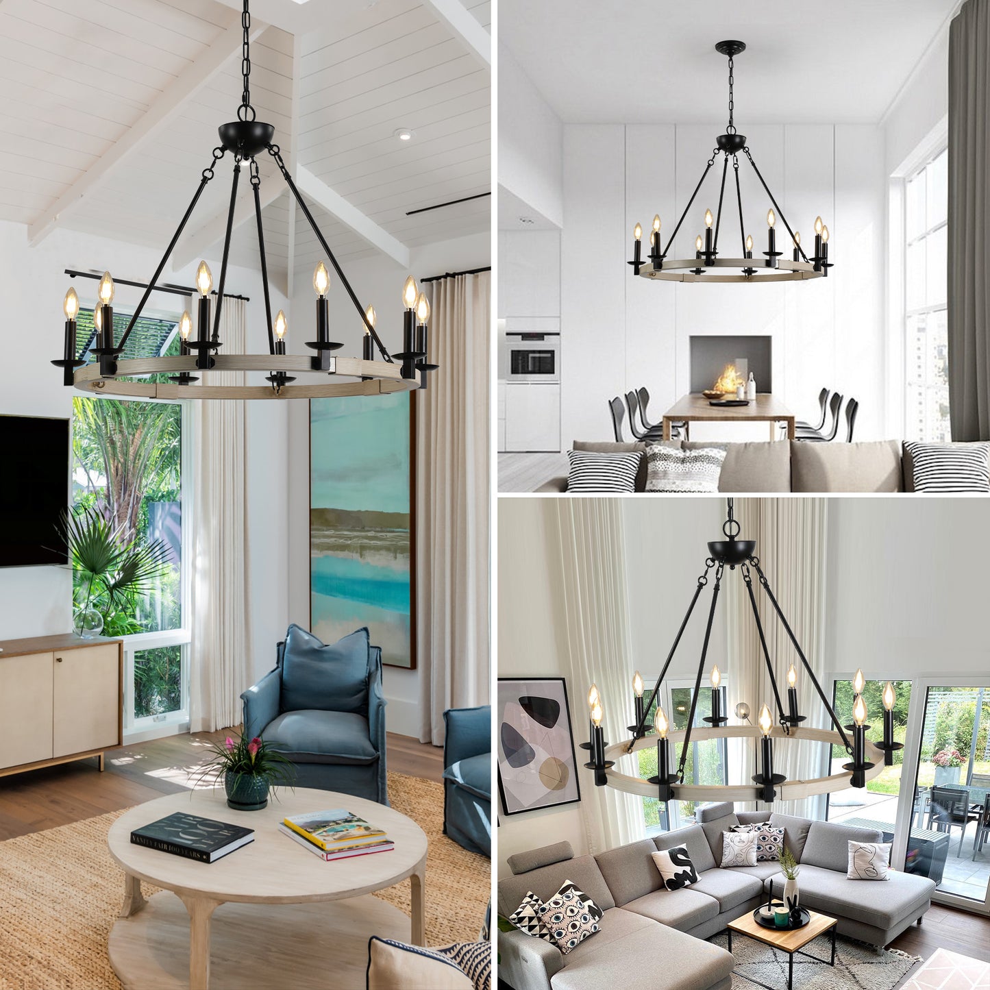 Black farmhouse chandelier with wood ring and  candlestyle bulbs