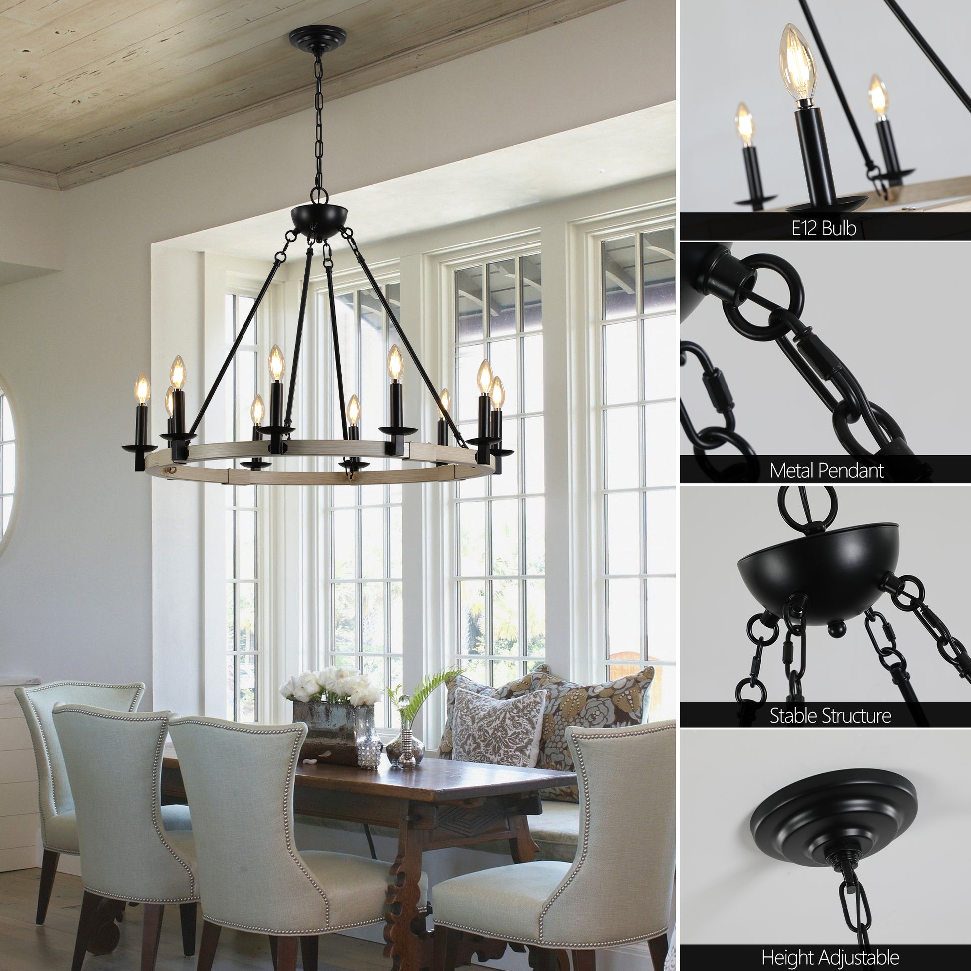 Black farmhouse chandelier with distressed wood ring and candlestyle bulbs