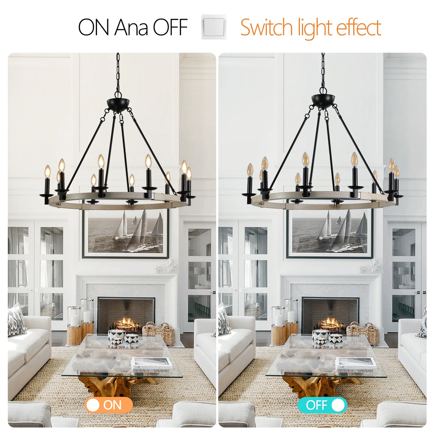 Black wrought iron light chandelier with weathered wood accent ring