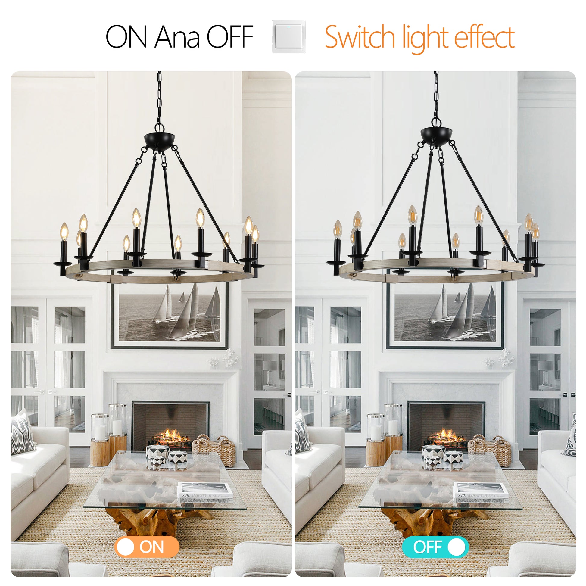 Black wrought iron light chandelier with weathered wood accent ring