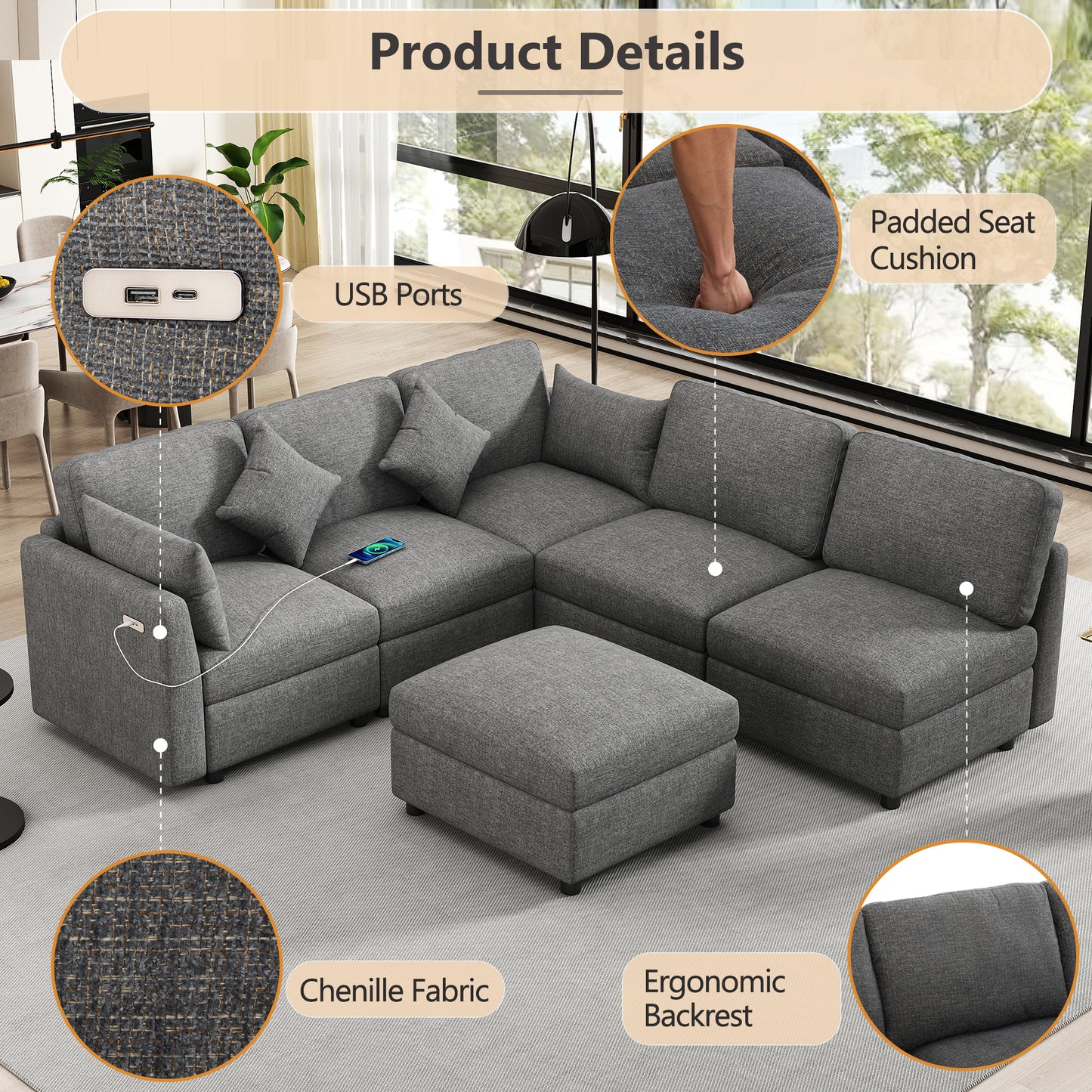 Gray chenille fabric sectional sofa with integrated USB ports comfortable and modern