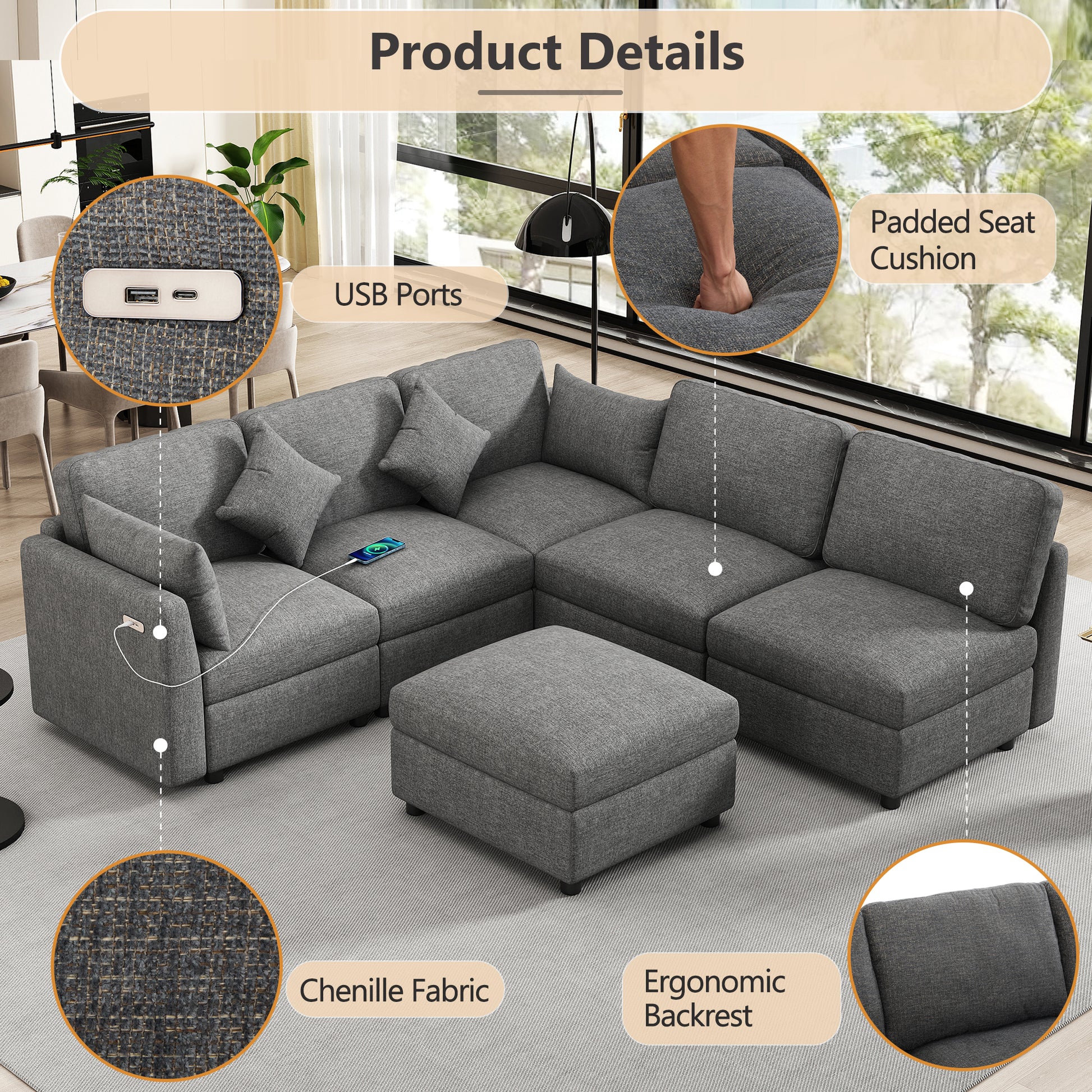 Gray chenille fabric sectional sofa with integrated USB ports comfortable and modern